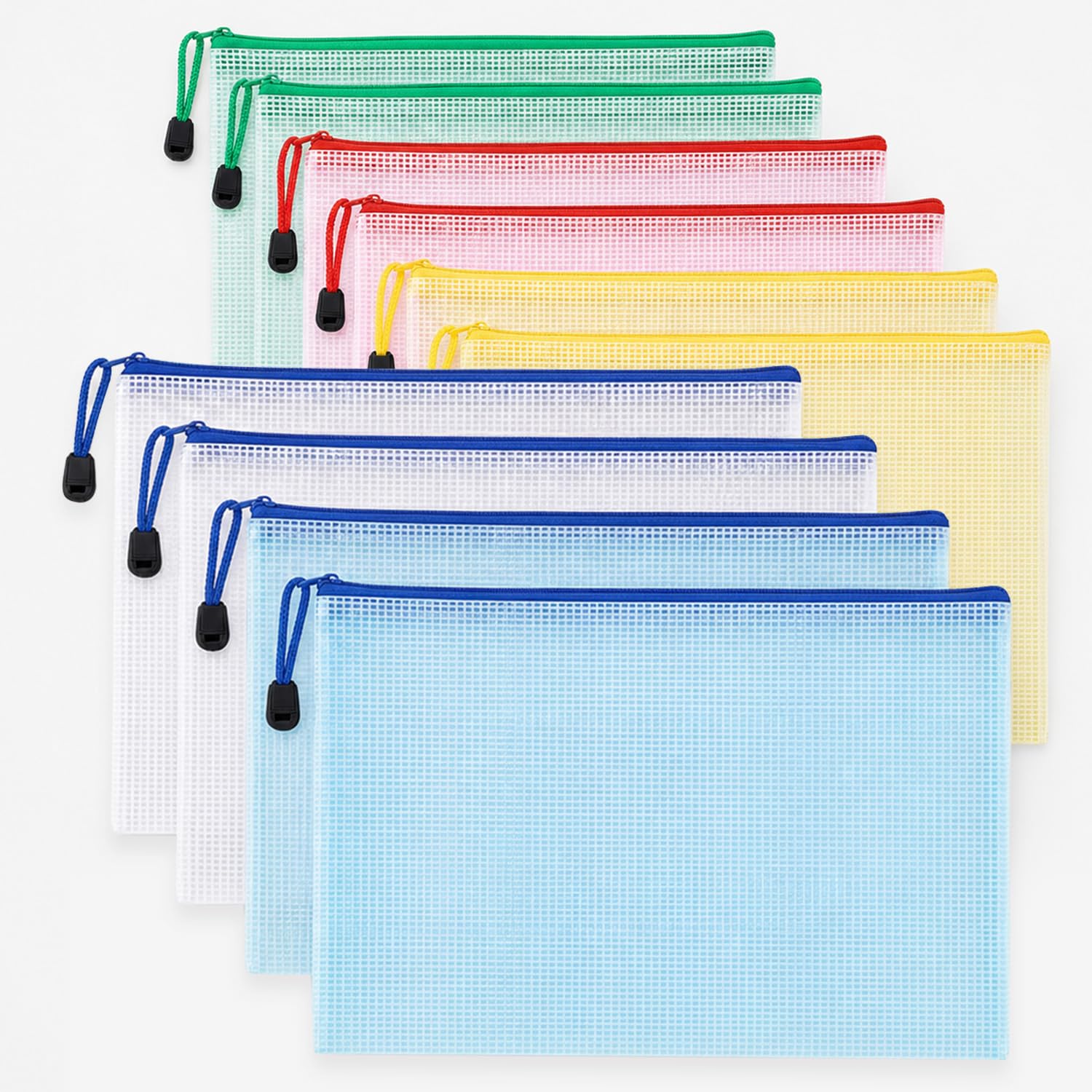 10PCS A4 File Bags, Transparent Colours Plastic Waterproof Document Wallets Folders with Zipper for School Office Supplies Storage