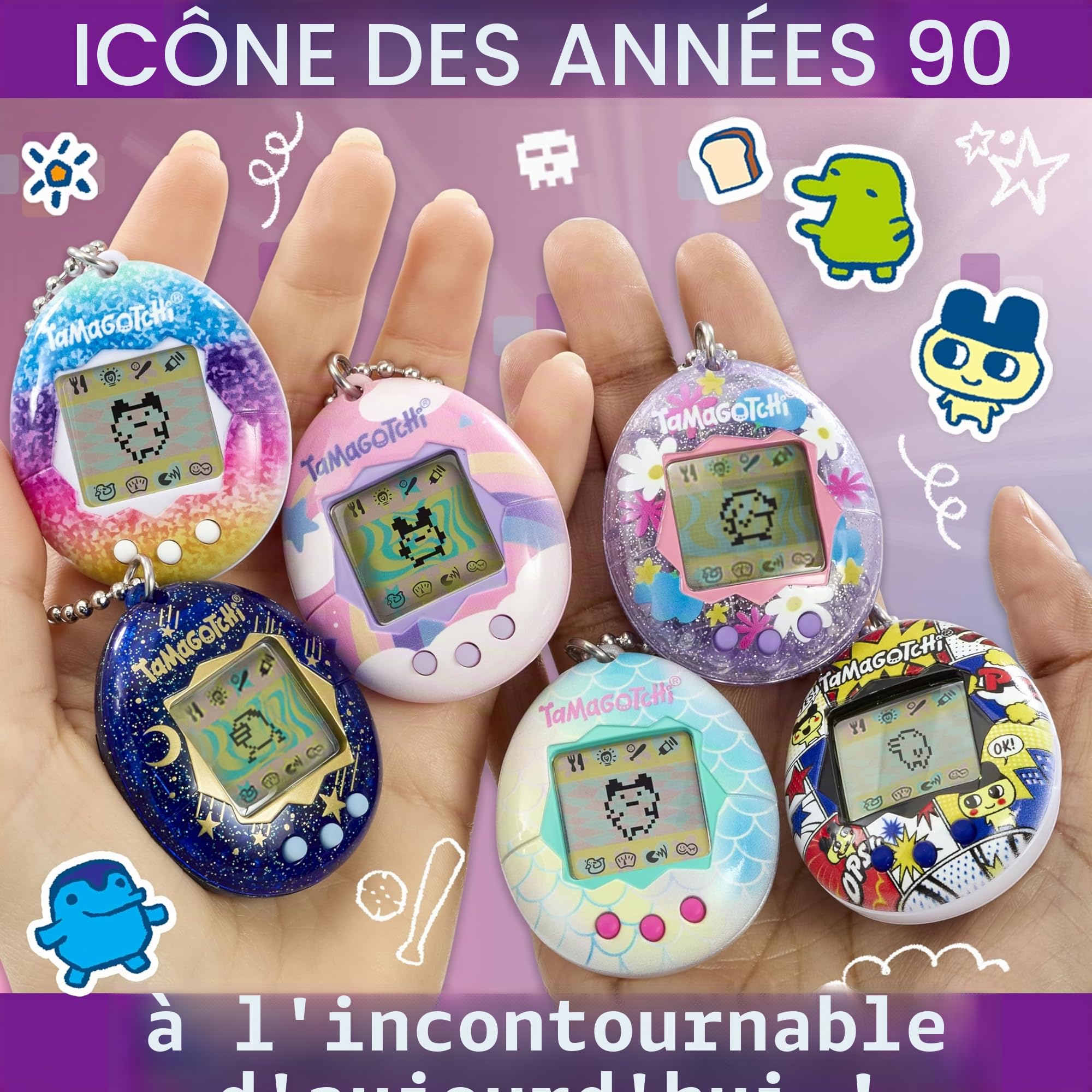 Tamagotchi 42948NBNP - Bandai Original Gén 2 - Coque au Motif Ciel avec chaîne - L’Animal de Compagnie virtuel Original Bleu