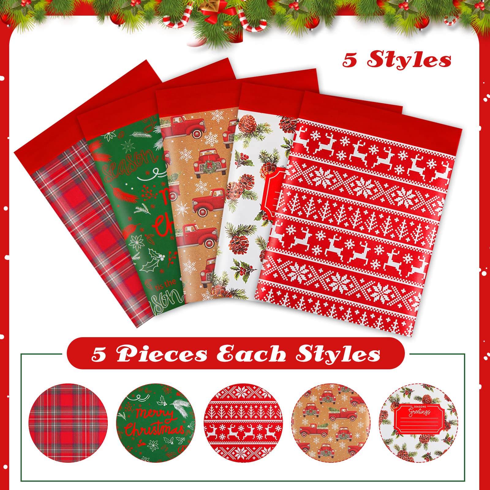 25 Stück Weihnachts-Poly-Luftpolster-Versandtaschen, 21,6 x 24,9 cm, gepolsterte Umschläge, selbstklebende Versandtaschen, Luftpolstertaschen, Versandtaschen, Luftpolstertaschen, verschiedene Stile