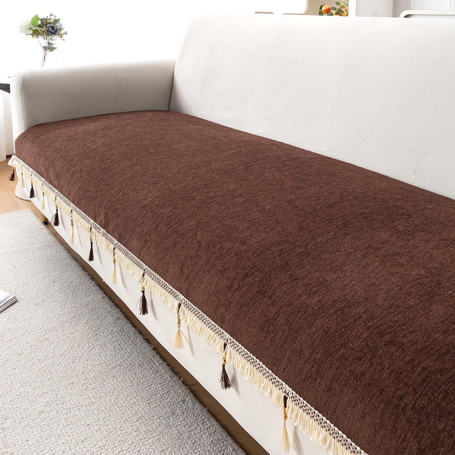 HOKIPO 'Serenity Tassel' Chenille 3 Seater Sofa Cover with Tassel – Chestnut Luke (IN-892-BR)-image-44