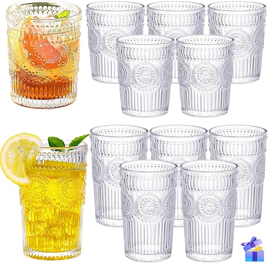 Vintage Drinking Glasses Set - 12 Piece Textured Embossed Glassware - 6 Highball Glasses 12 oz & 6 Rocks Glasses 10 oz - Romantic Cocktail Cups for Iced Water Juice Tea Beverage Coffee - Clear
