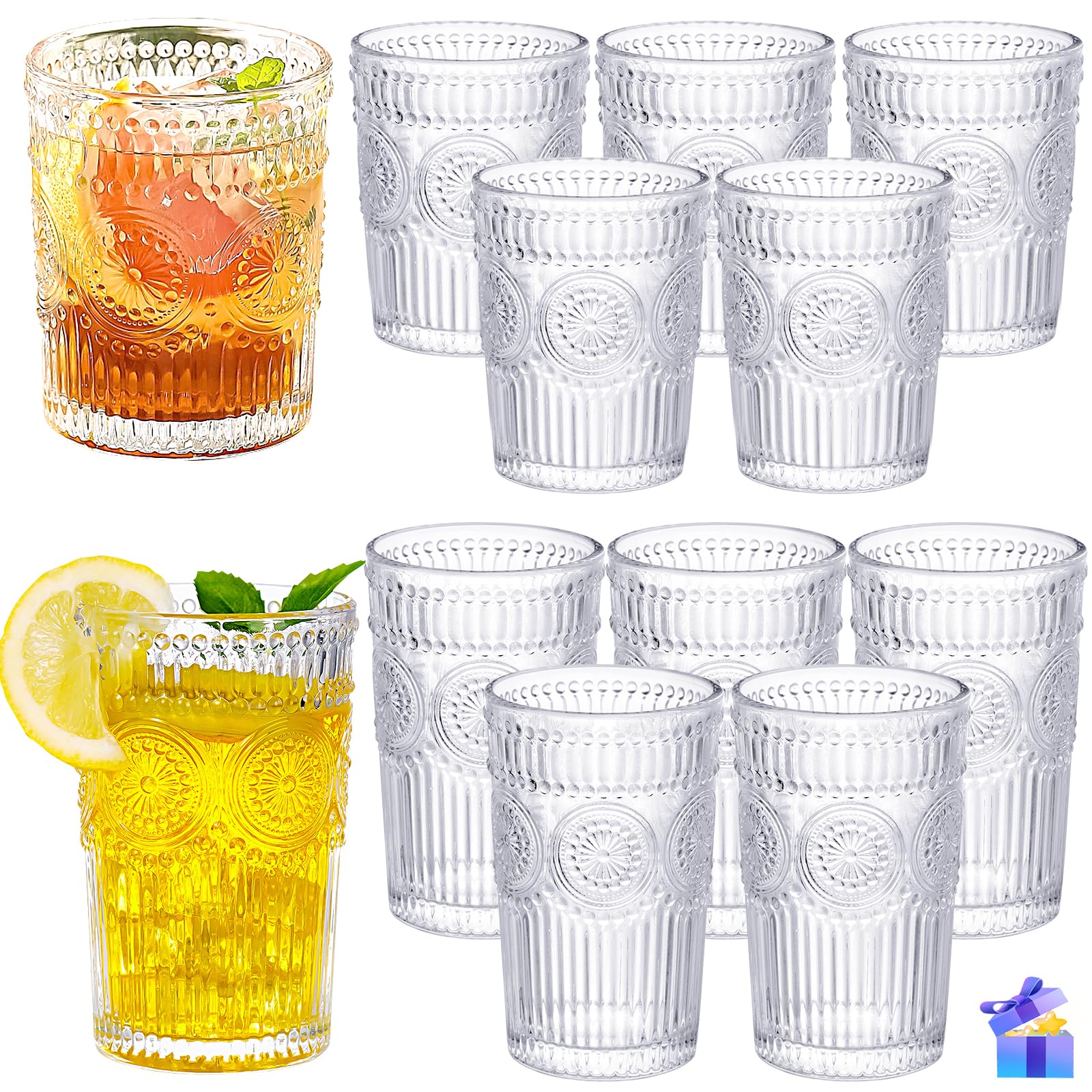 Lot de 12 verres vintage texturés en relief – 6 verres Highball de 355 ml et 6 verres à pierres de 295 ml – Tasses à cocktail romantiques pour eau glacée, jus, thé, boisson, café – Transparent