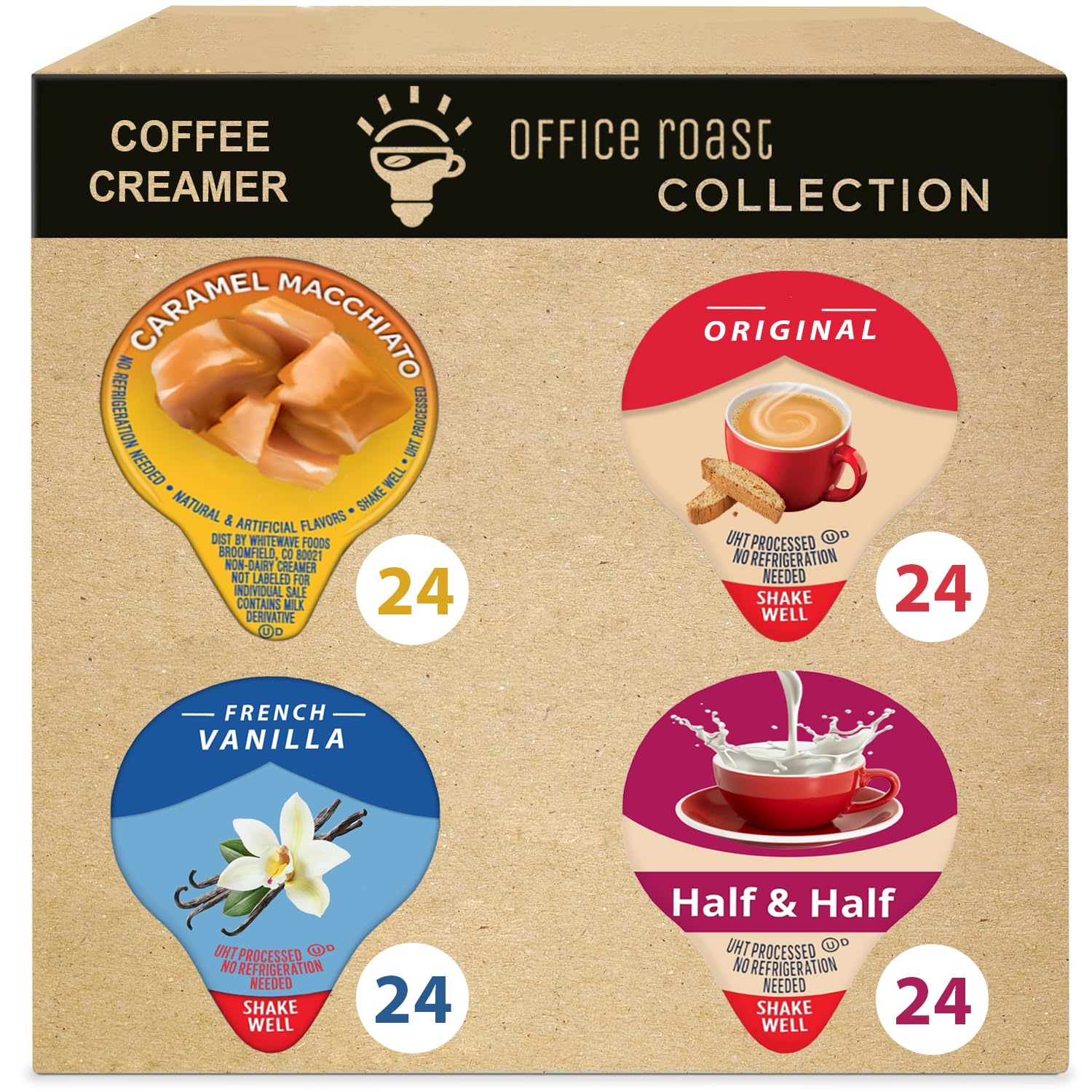 Office Roast Liquid Creamer Singles Coffee Cream, French Vanilla, Original, Half-Half & Caramel Macchiato Variety Pack - Unrefrigerated - Box of 96