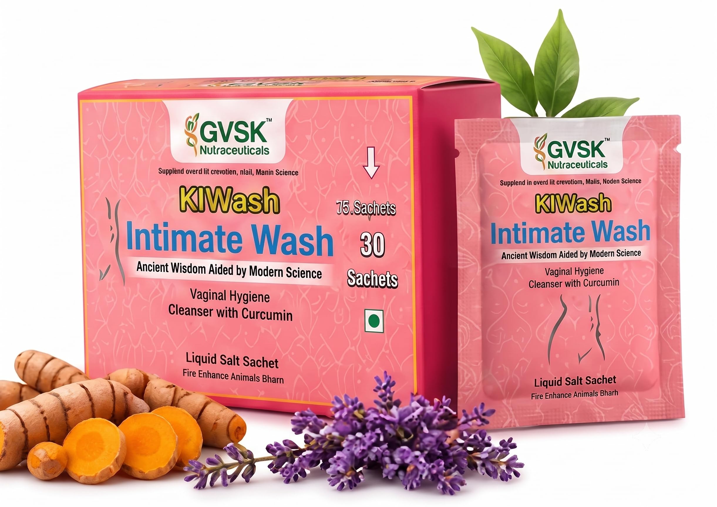 GVSK KIWash Intimate Wash for Women with Curcumin, Aloe Vera, Tea Tree Oil & Lavender Extract - pH Balanced Feminine Hygiene Cleanser for Odour, Itching, Irritation & Freshness - 30 Sachets x 5 ml
