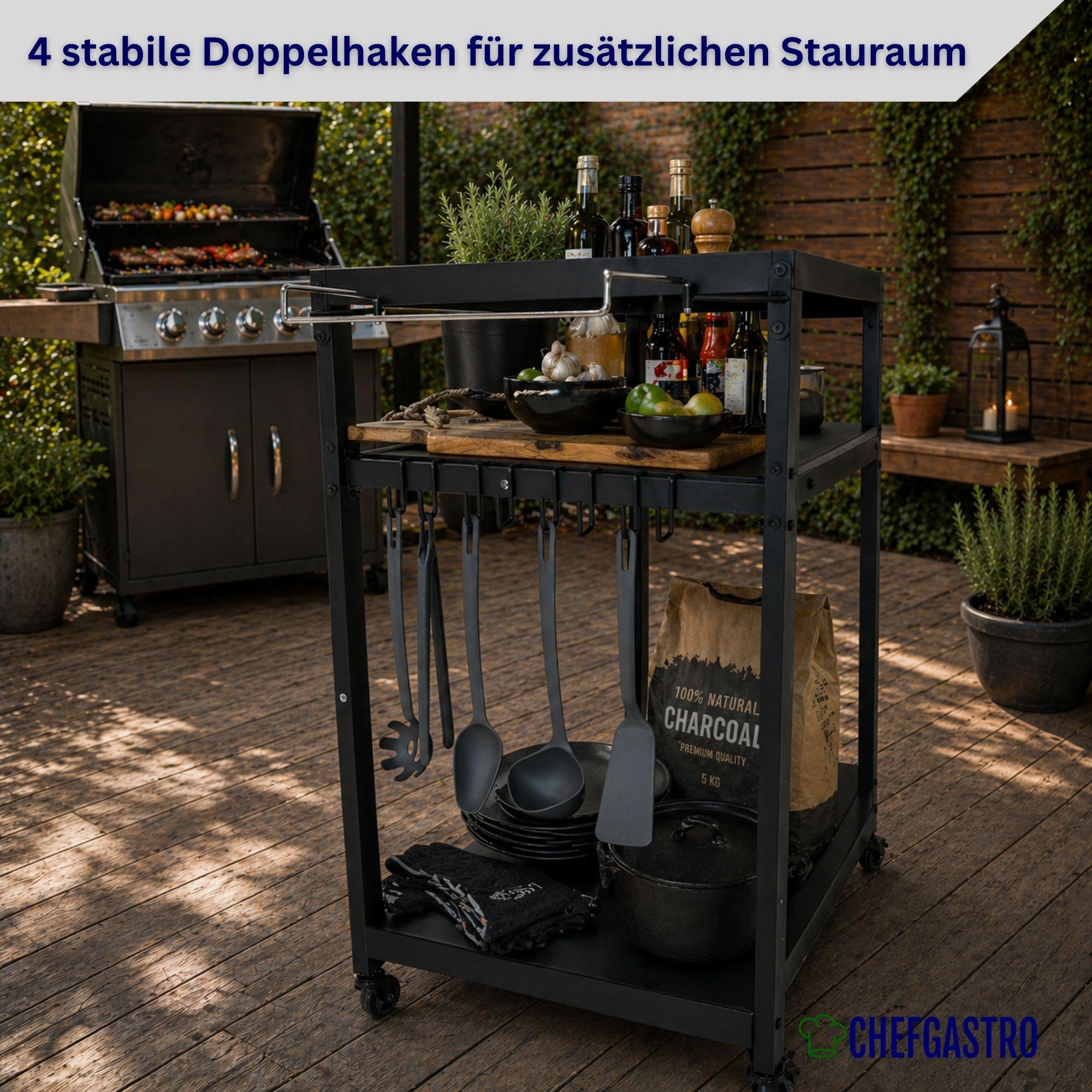 CHEFAGSTRO Grillwagen Vulcan Outdoor Servierwagen mit Rollen Küche Küchenwagen Metall Schwarz Wetterfest Grilltisch, 4 Lenkrollen mit Bremse, 3 Ablagen, 8 Haken, Müllbeutelhalter & Handtuchgriff