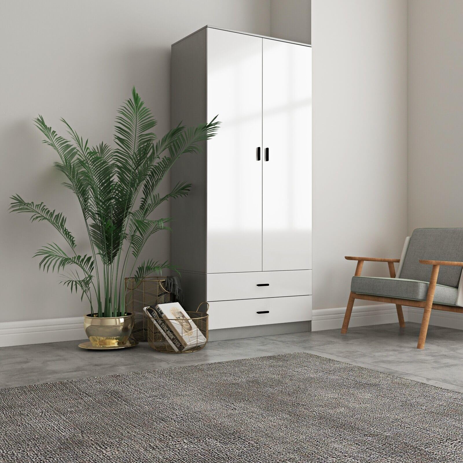 URBNLIVING Glossy Tall 2 Door Wardrobe Bedroom Storage with Hanging Rail Modern Furniture
