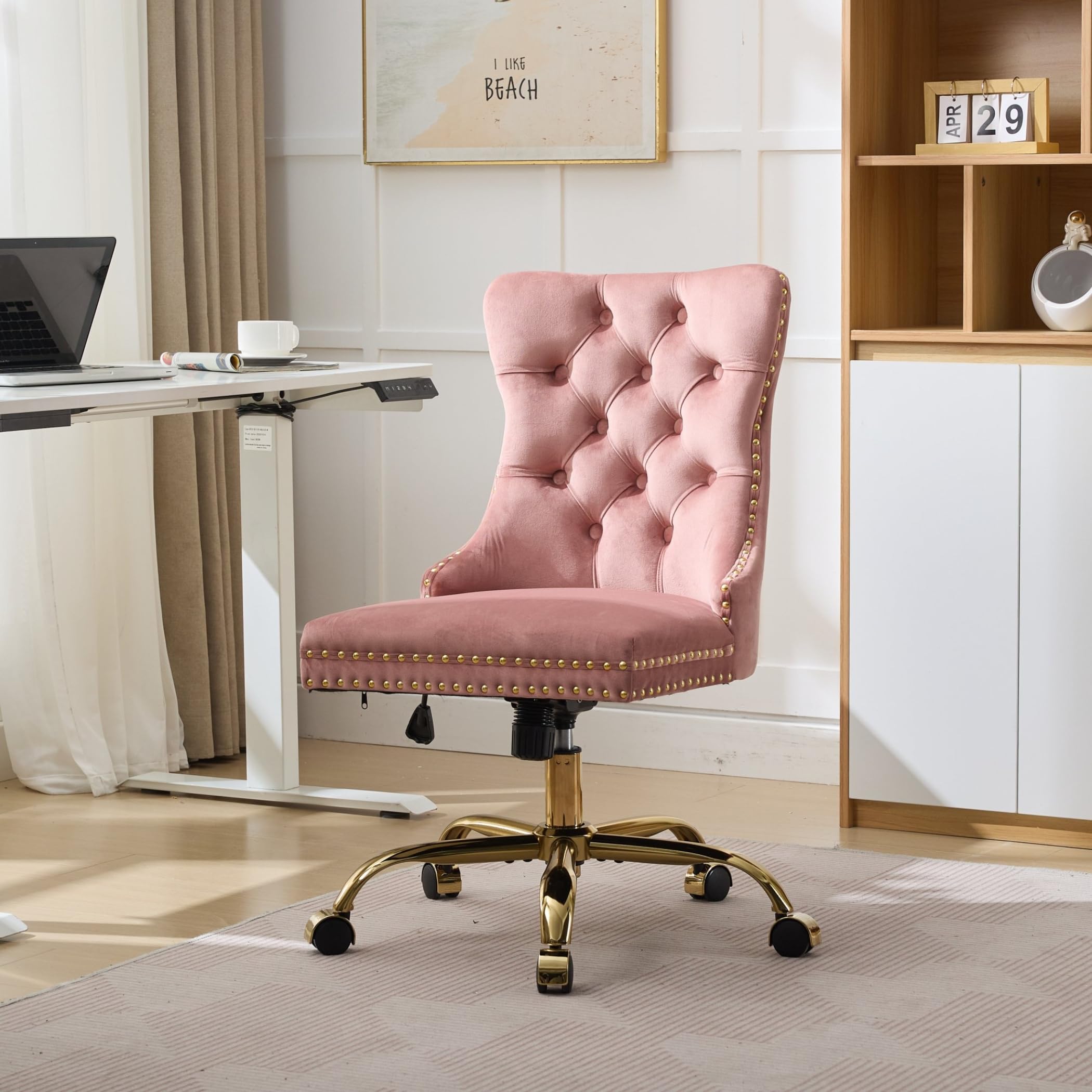 Vintage Britischer Samt-Bürostuhl mit gesteppter Rückenlehne & Nagelkopfverzierung, höhenverstellbar, Schwenk- und rollbar, belastbar bis 150 kg - Bequemer Schminkstuhl für Homeoffice