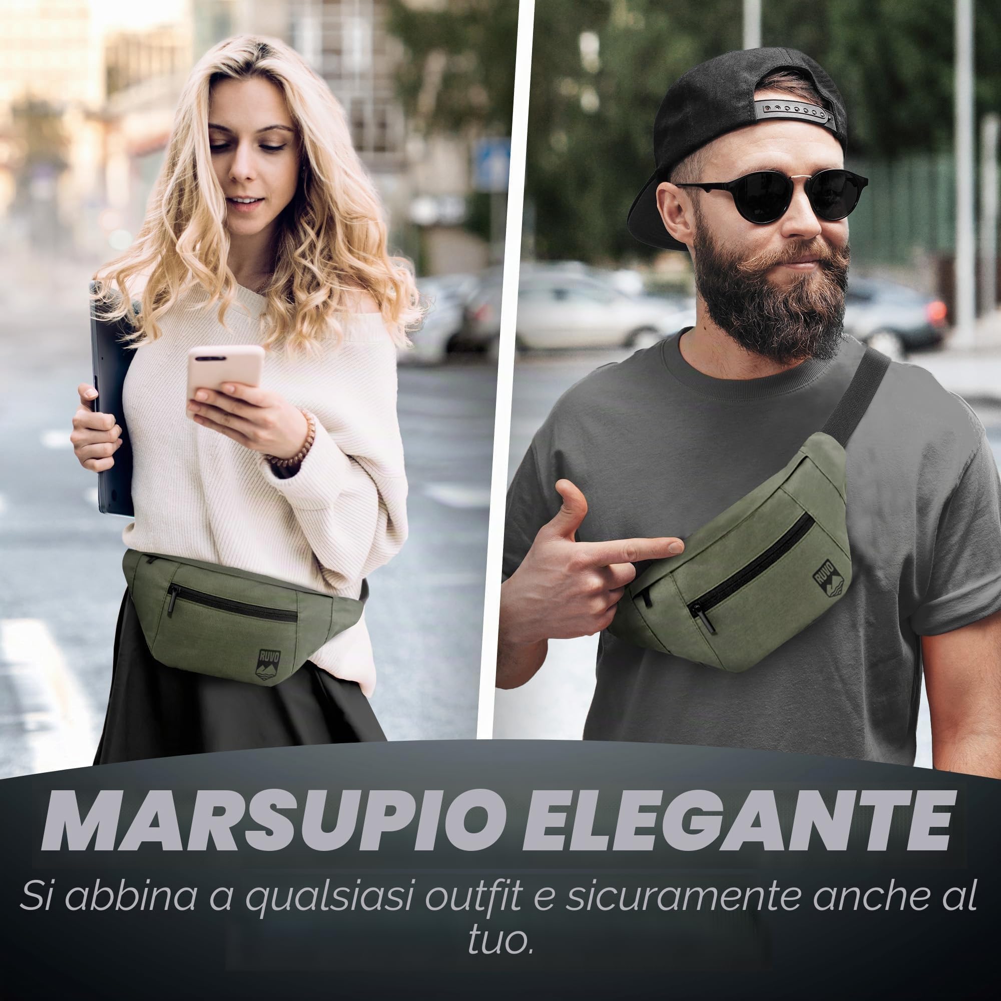 RUVO Marsupio da Cintura Uomo e Donna 4 Scomparti Chiusura a Zip Oliva Taglia Unica