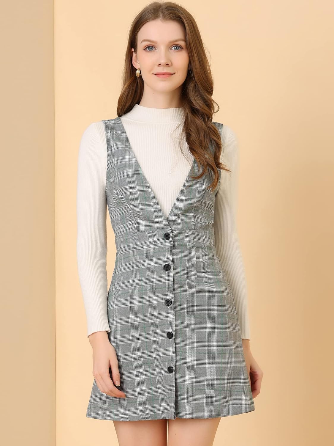 Allegra K Women's Overall Dresses Fall Jumper Halloween Houndstooth Pinafore Plaid Dresses