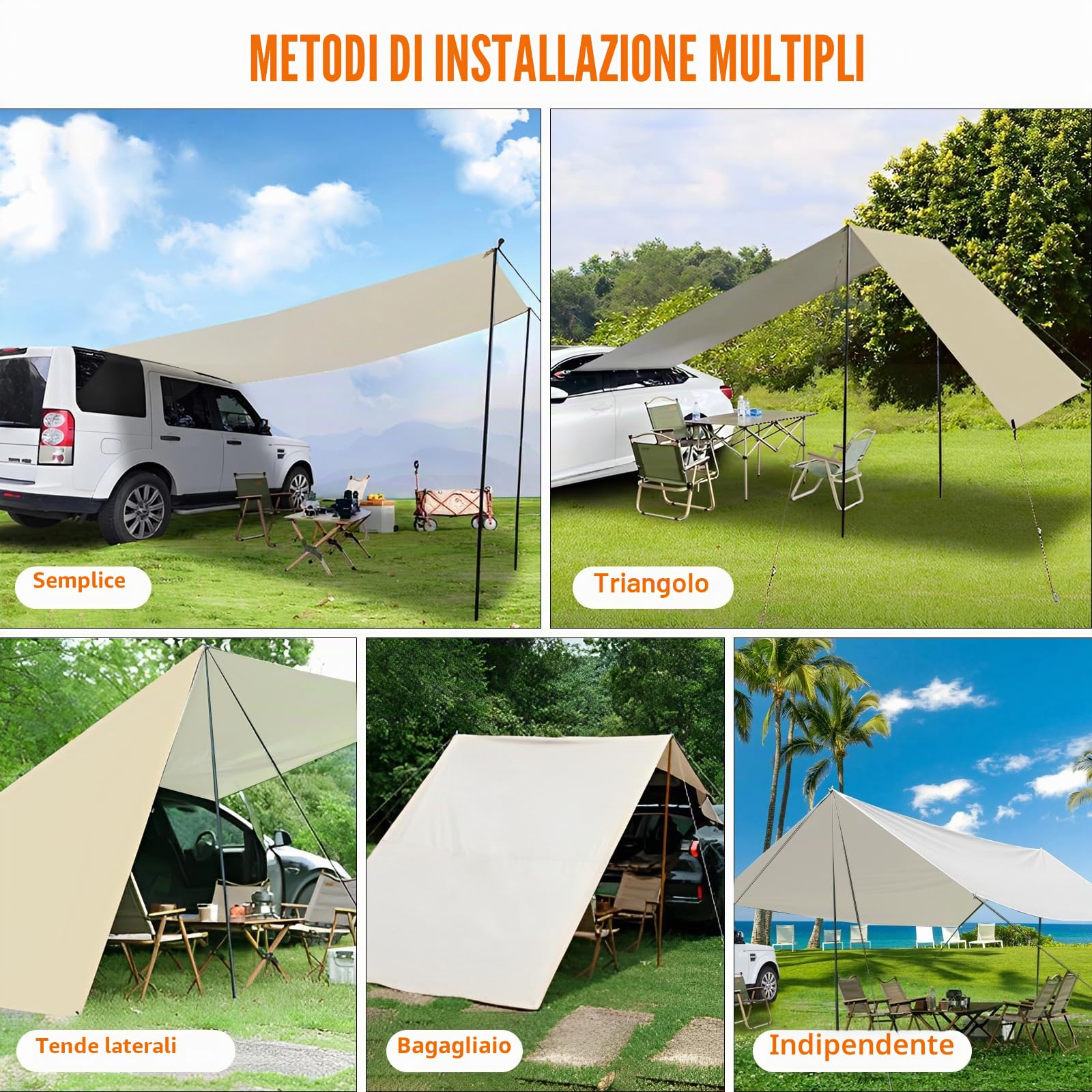 LIROPAU Motorhome Tarp, 4,3 x 2 m Tendalino Camper Impermeabile Tenda da Sole con 2 Pali per Tenda, 2 Ventose, 4 Corde Antivento, 4 Picchetti per per Camper Furgone Van, Roulotte