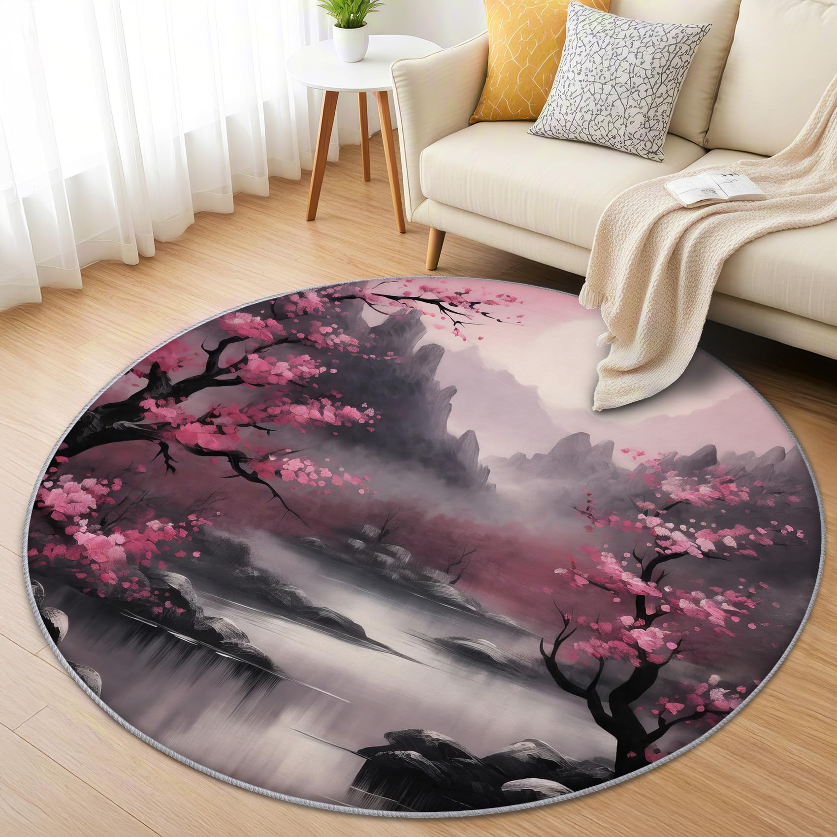 Japanische Kirschblüte Teppich Rund 120cm Kurzflor - Waschbare Teppiche Wohnzimmer Asiatische - Runder Teppich 120 Durchmesser Kinderzimmer - Bettvorleger Schlafzimmer rutschfest Weich