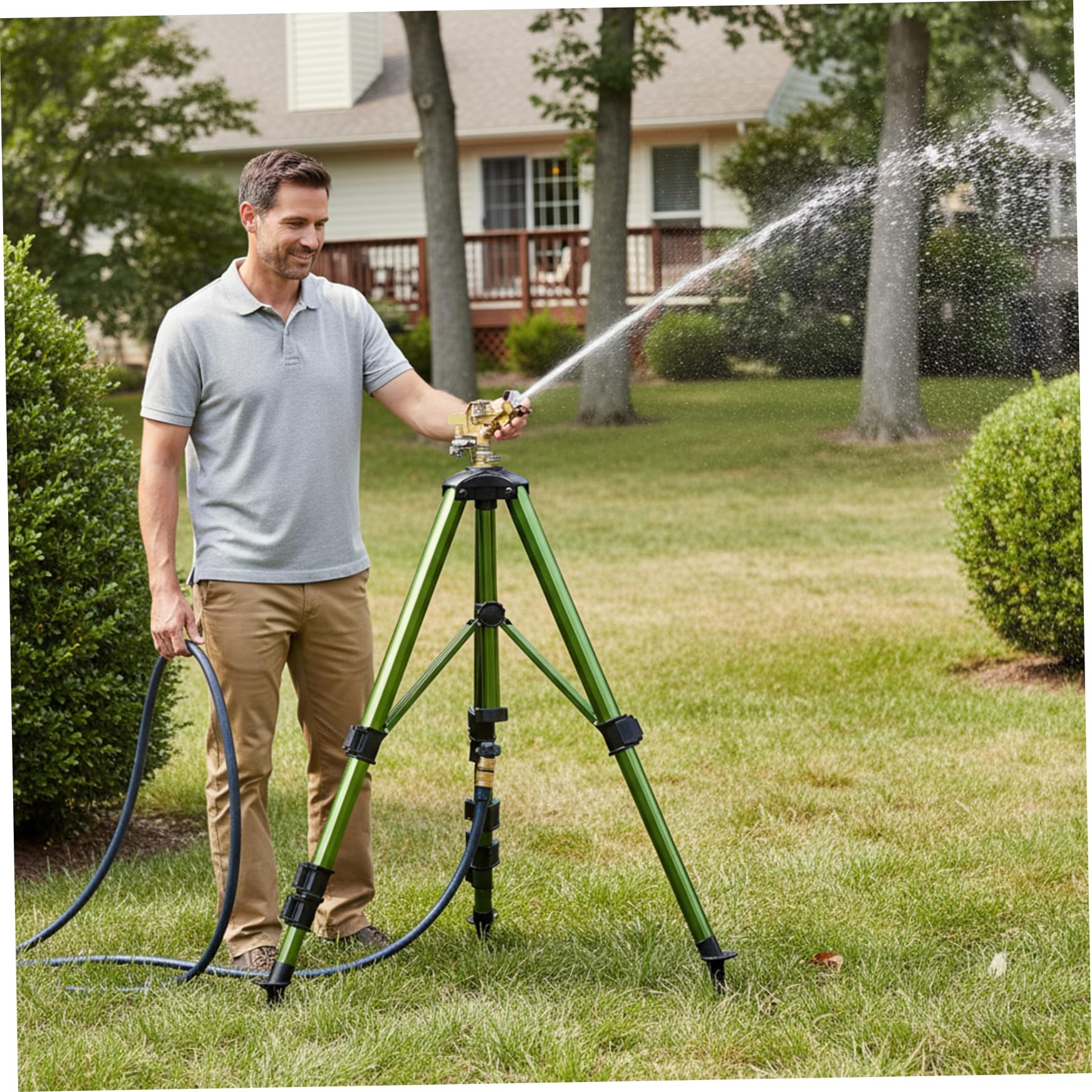 Irrigatore su treppiede, testata in ottone a 360°, per prati e giardini di grandi dimensioni..