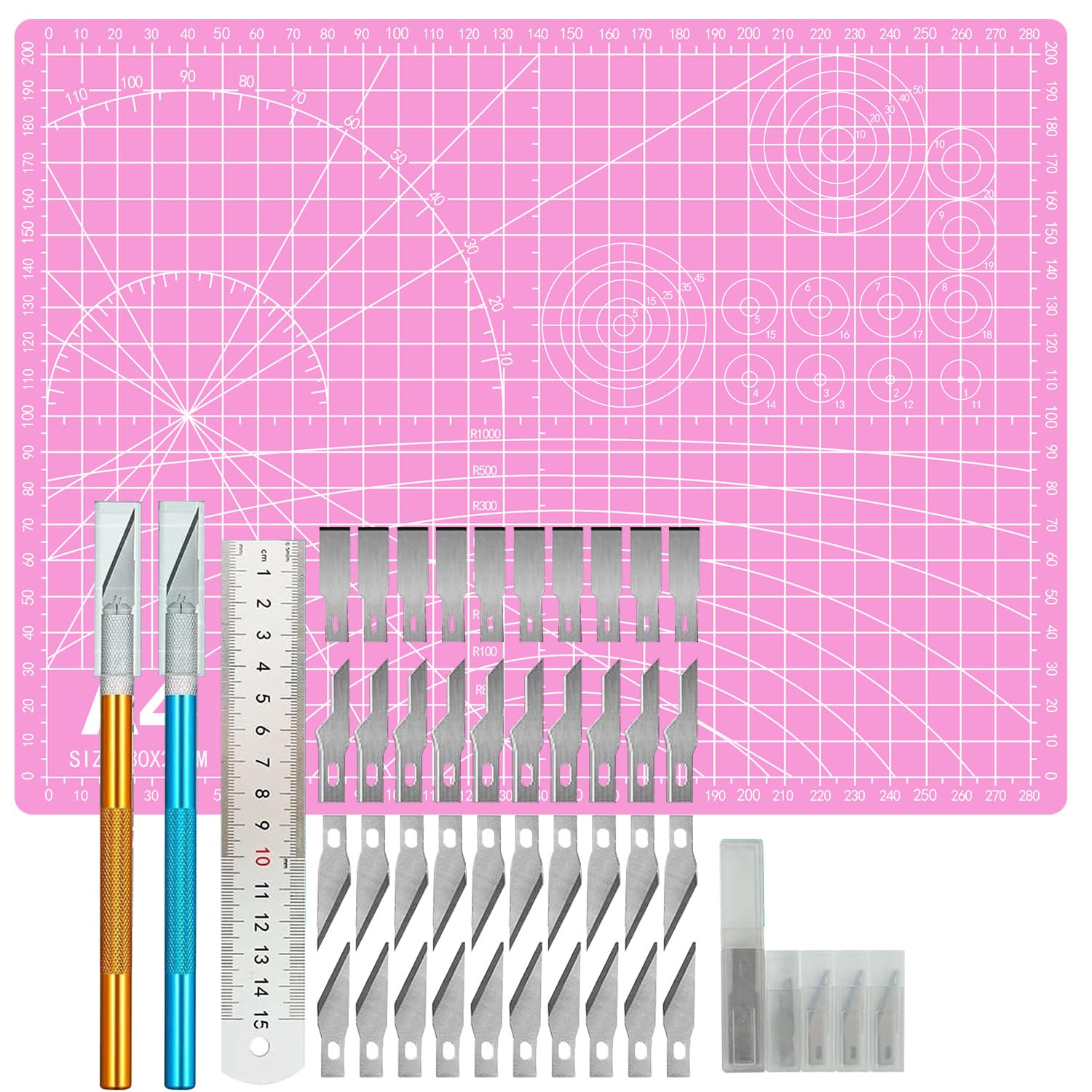 FANFX 44PCS A4 Cutting Mat Kit, A4 Mat for Carving Crafts, Cutting Board for Sewing Self Healing Cutting Mat (Pink)