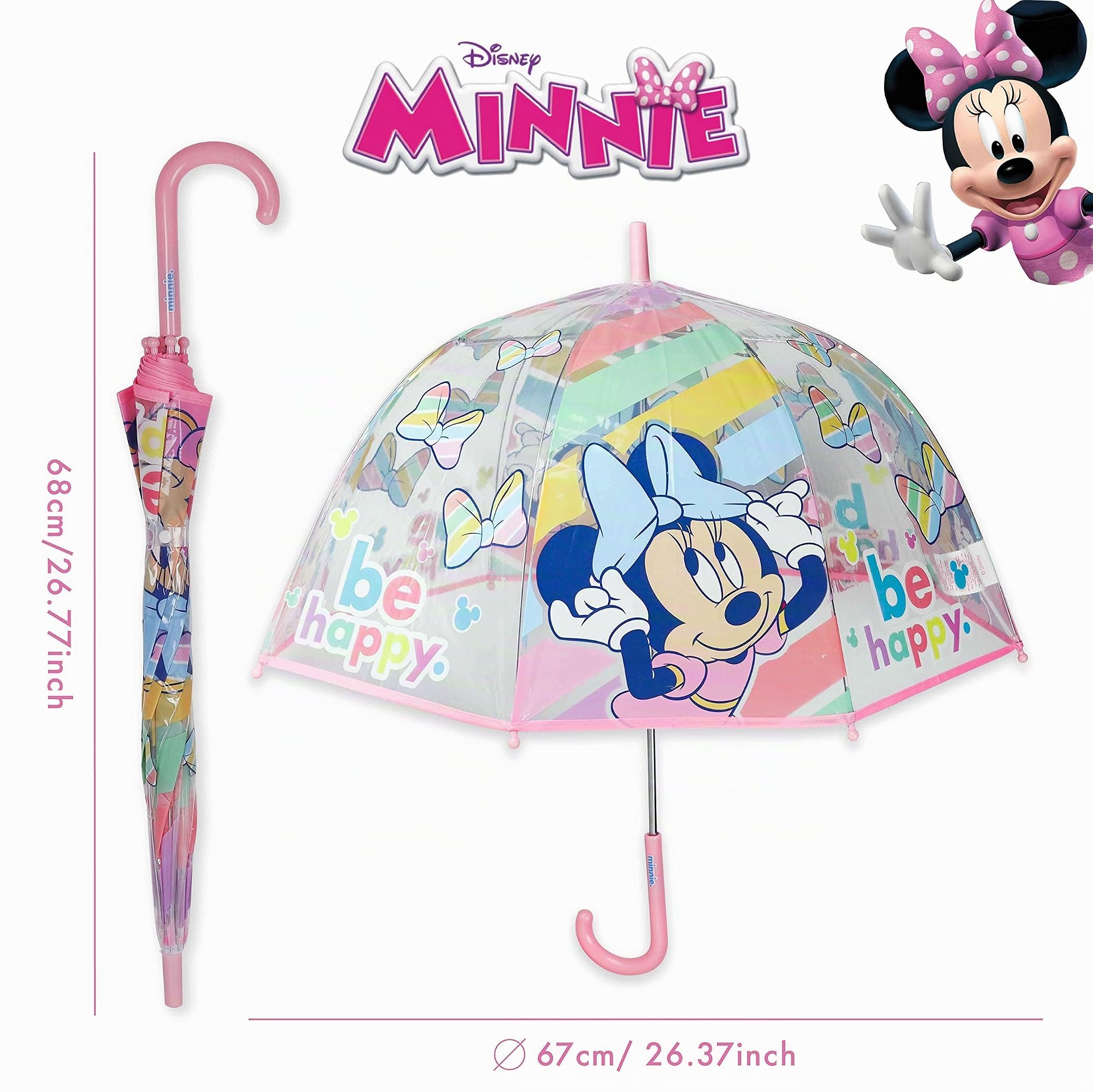 Paraguas Transparente Infantil y Chubasquero Pack Minnie Mouse – Paraguas Burbuja, Niña Impermeable con Capucha | para Vuelta al Cole