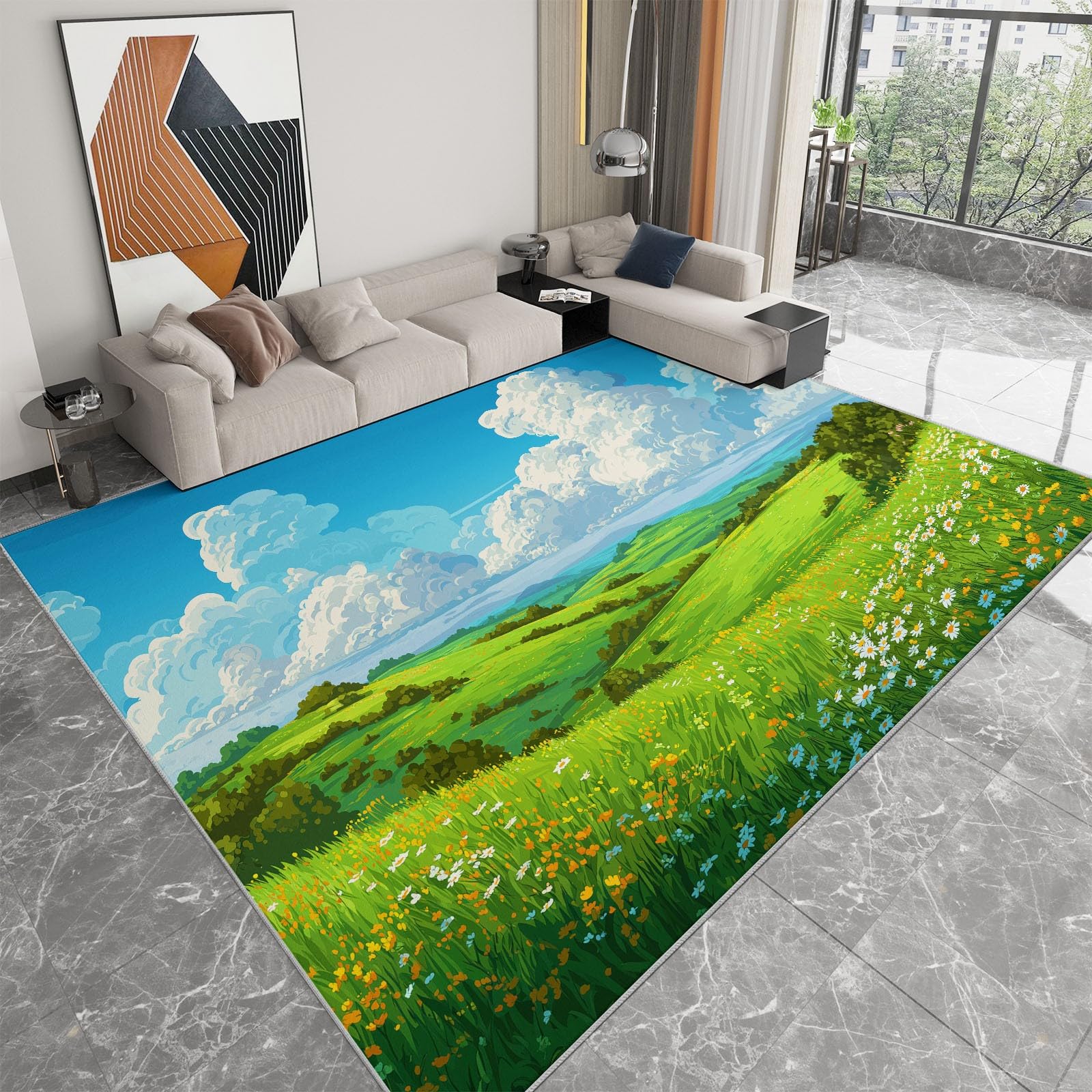 Cartoon Gras Wildblumen Berge Bedruckter Rutschfester Teppich 160 x 230 cm, Anime Waschbarer Teppich Wohnzimmer Schlafzimmer Flur Esszimmer - Antibakteriell Antirutschunterlage Küchenteppich