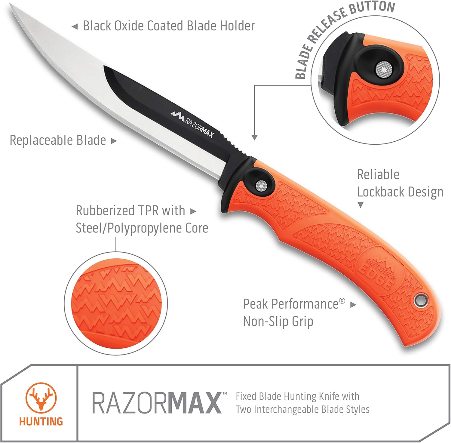 Outdoor Edge RazorMax - Replaceable Fixed Blade Hunting Knife with 3.5" Drop-Point, 5" Boning/Fillet Blades, Belt Sheath and Detachable Blade Carrier (Orange, 6 Blades) : Sports & Outdoors