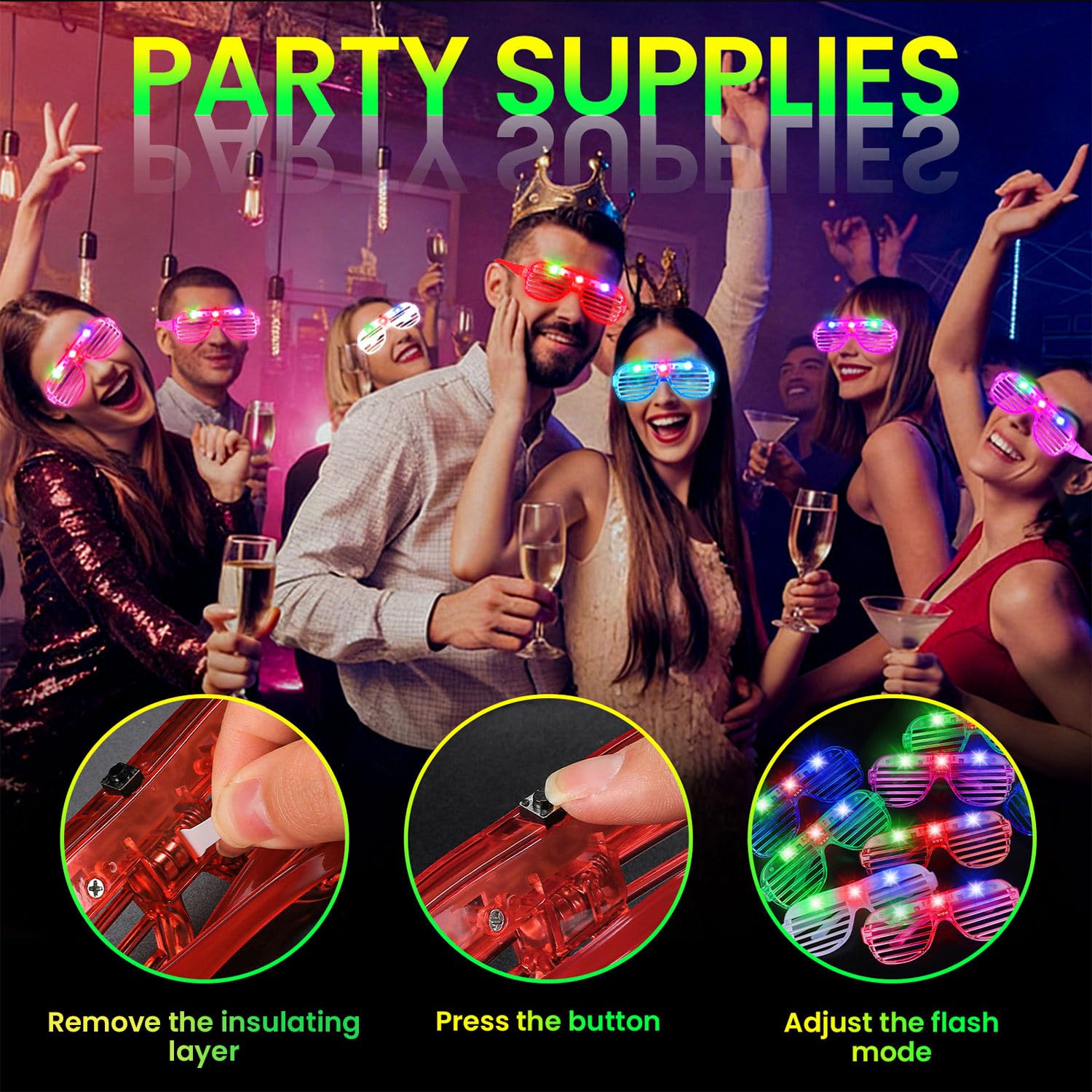 Lot de 30 lunettes lumineuses à LED, 6 couleurs lumineuses, fournitures de fête, lunettes de fête pour adultes, lunettes à obturation phosphorescente pour la Saint-Valentin, le Nouvel An