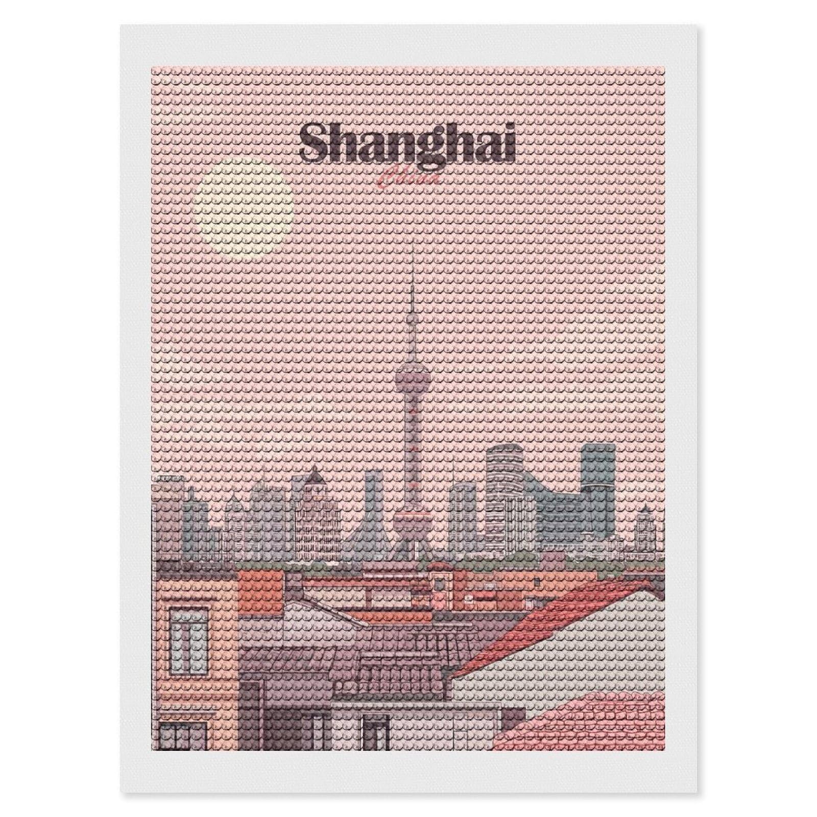 Junmoney Shanghai China Cityscape Illustration(2) DIY Diamond Art Canvas Kit 12"x16", Decorate Your Room, Sparkling Round Gems, Fun Craft Experience, Farmhouse Decor