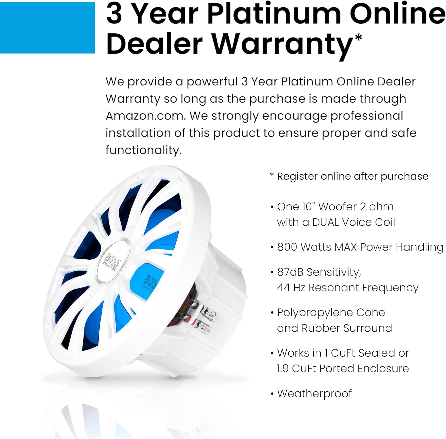 BOSS Audio Systems MRGB10W 10 Inch Boat Subwoofer - 800 Watts Max, Dual 2 Ohm Voice Coil, Multicolor Illumination, Weatherproof, Sold Individually