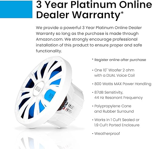 Miniatura 3 de BOSS Audio Systems MRGB10W Subwoofer para barco de 10 pulgadas, 800 vatios máximo, bobina de voz dual de 2 ohmios, iluminación multicolor,