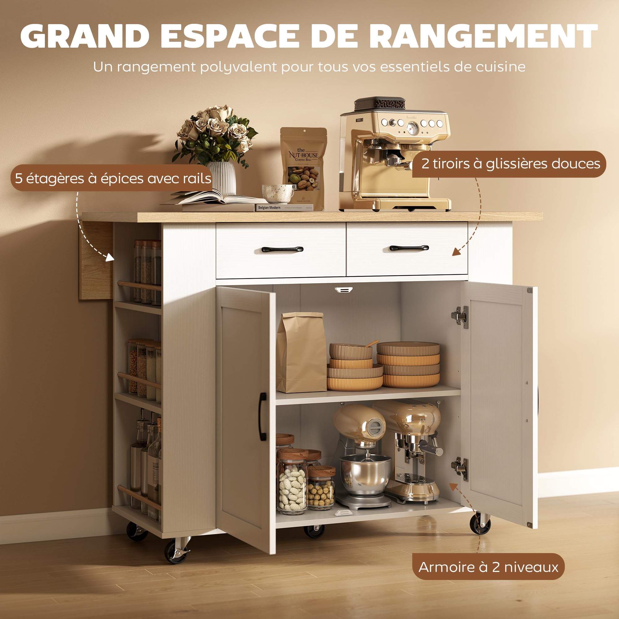 HOMCOM Îlot de Cuisine avec Station de Charge, Chariot de Cuisine à roulettes avec Plan de Travail Rabattable, Racks à Épices, 2 Tiroirs et Étagère Réglable, pour Cuisine et Salle à Manger, Blanc