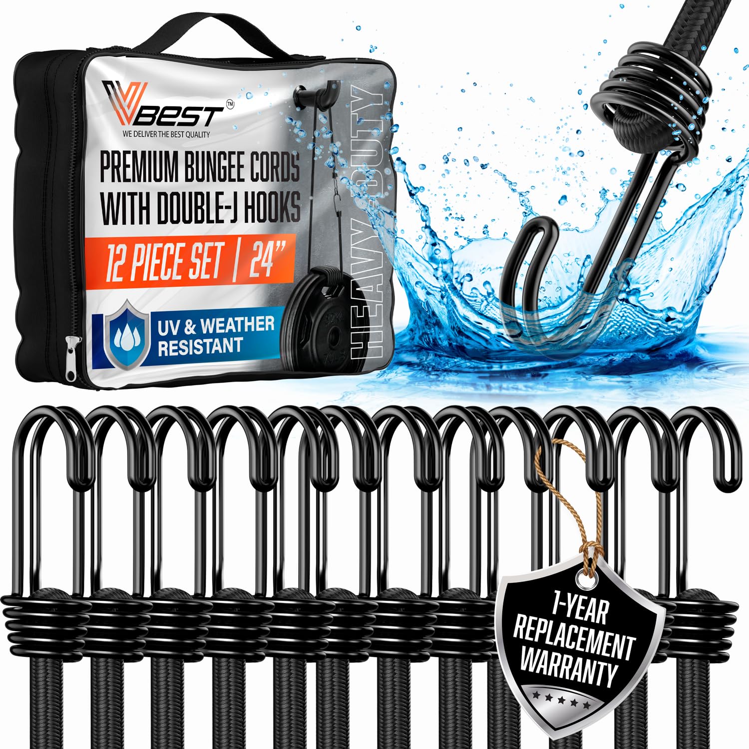 VBEST 24 Inch Bungee Cords with Hooks - 12 Piece Black Bungee Cords Heavy Duty Outdoor 2 ft