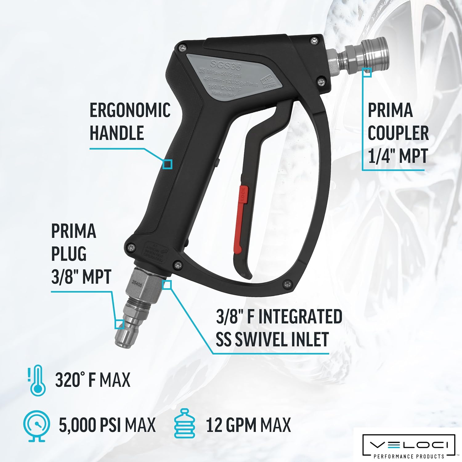 MTM Hydro Acqualine SGS35 Pressure Washer Spray Gun with 3/8" and 1/4" MPT Prima Stainless Steel Plug and Coupler, 5000 PSI, Commercial-Grade, 10.5050