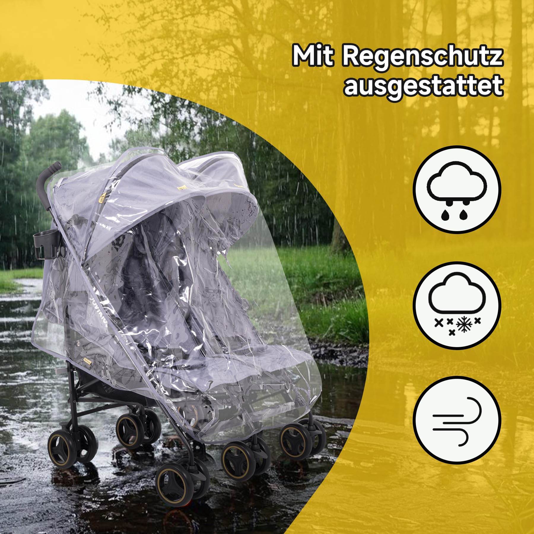 Jovikids Geschwisterwagen, Zwillingskinderwagen mit Liegefunktion, Klappbar Reisebuggy Inkl. Sonnenverdeck, Regenverdeck und Getränkehalter
