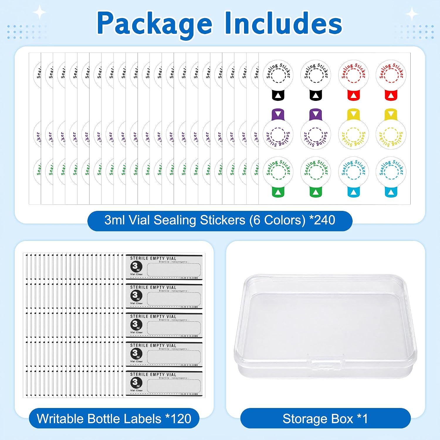 240Pcs 3ml Glass Vials Sealing Stickers with 120Pcs Bottle Label Stickers and Box, Colored Leak-Proof & Self Adhesive Sticker for Aluminum Plastic Caps (for 13mm Cap)