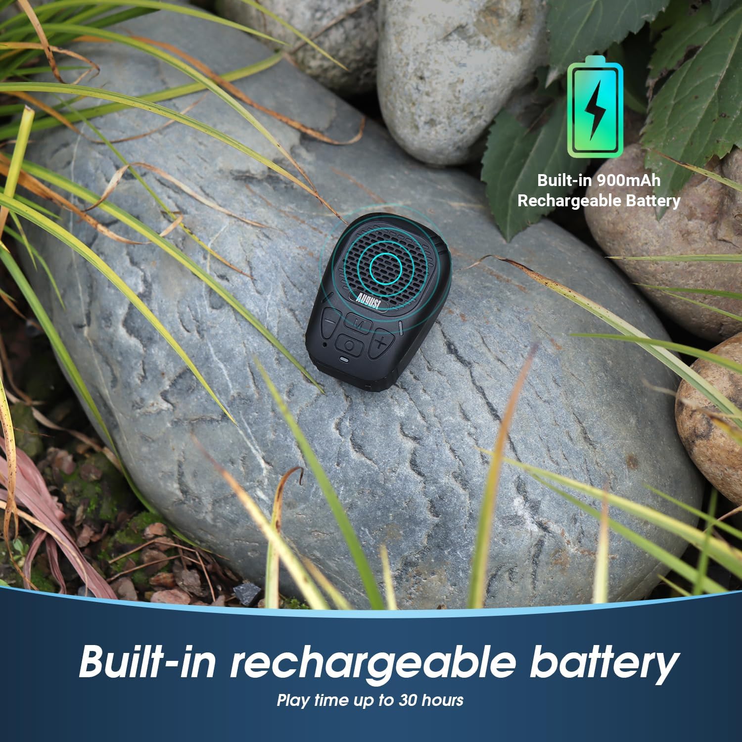August MS550 Portable Bluetooth 5.3 Speaker with Magnetic Clip On and Microphone – 30H Playback, IP56 Waterproof, Micro SD for MP3, Hands Free Calling – Outdoor Speaker for Cycling Hiking Camping