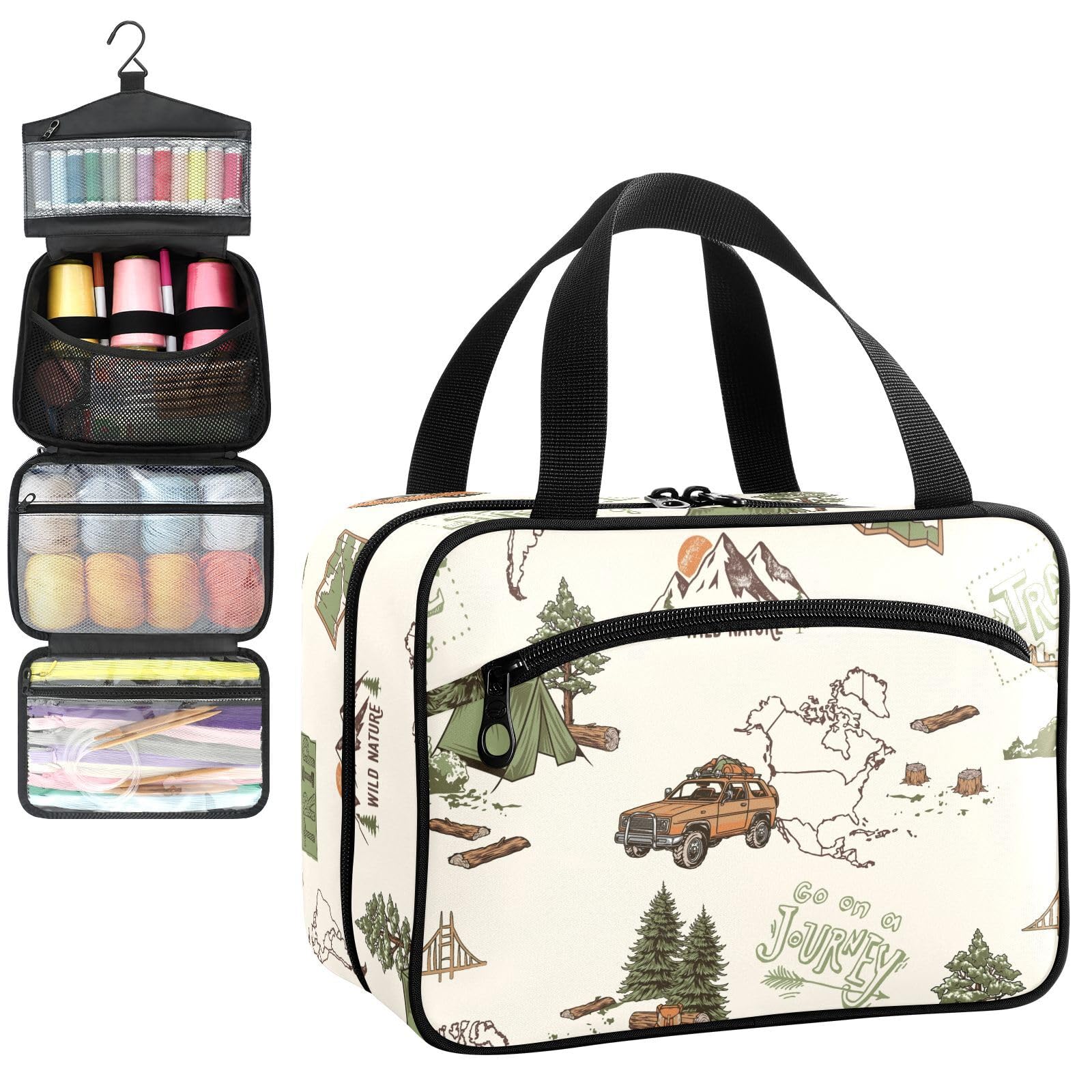 YNNALE Sewing Supply Organizer Bag, Caping Wild Nature Adventure Beige Portable Sewing Bags with Pockets&Hanger, Sewing Storage Box Case for Sew Supplies/Kit/Tools/Accessories (BAG ONLY)
