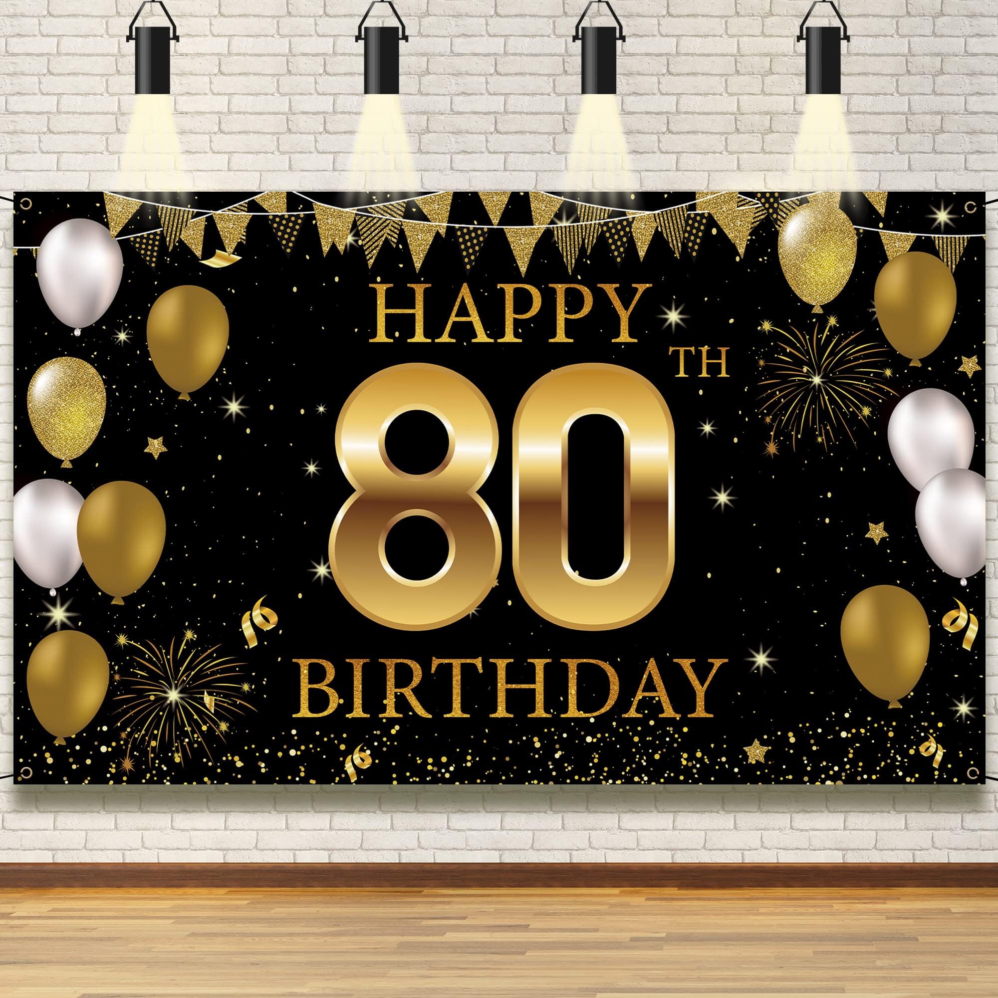 80th Birthday Party Decorations Backdrop Banner, Happy 80th Birthday Decorations for Men Women, 80 Years Old Birthday Photo Booth Props Black Gold, 80 Birthday Yard Sign, Fabric Vicycaty