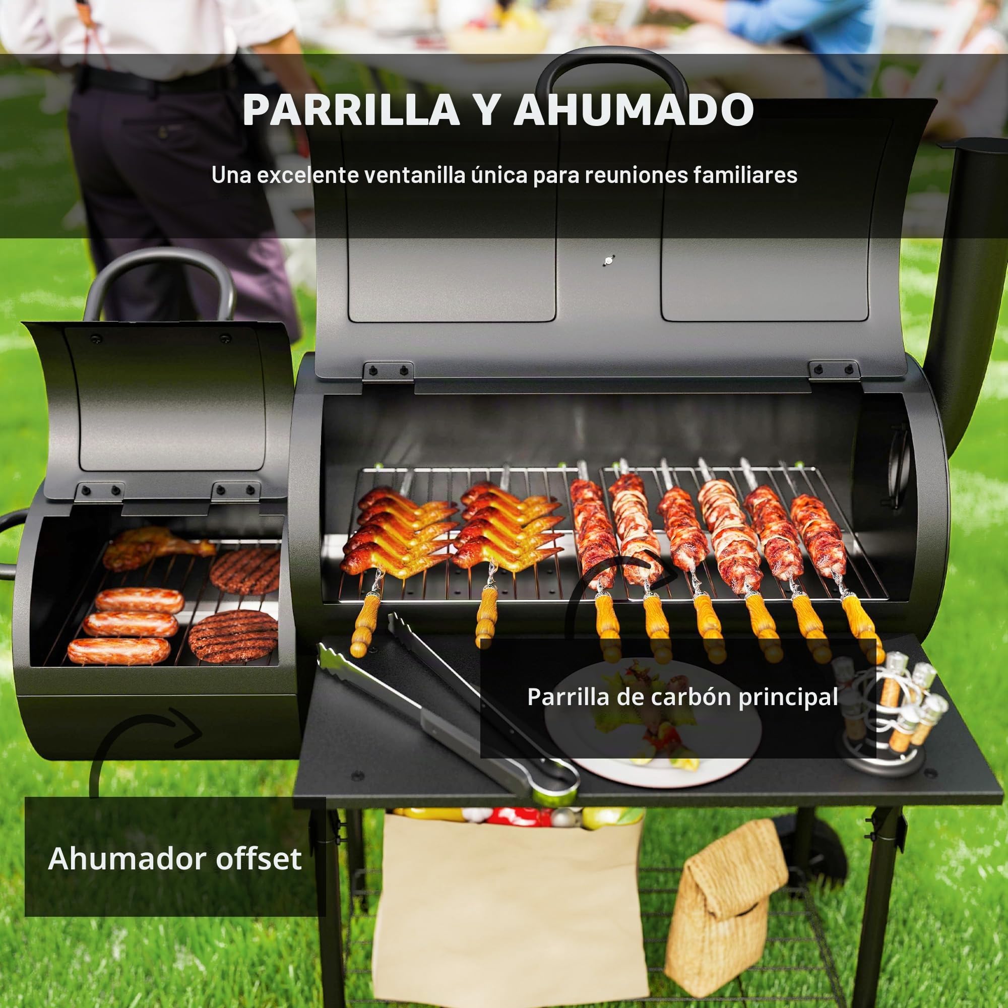 Outsunny Barbacoa de carbón Chimenea, Estante lateral plegable, Negro | Rejilla calentadora, estante inferior, tapa, termómetro, ruedas, Cocina al aire libre Jardín Fiesta