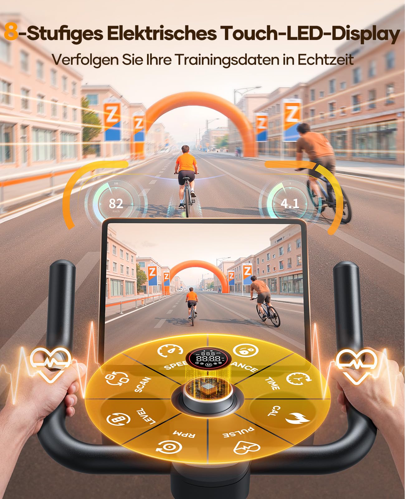 Toputure Neu Heimtrainer Fahrrad mit Elektr. LED-Touchmonitor & App, Herzfrequenzmessung, 32 Elektr. Magnetwiderstand Hometrainer, Leiser Ergometer, Dopp. Flaschenhalter, Langhantelständer, Bis 150kg