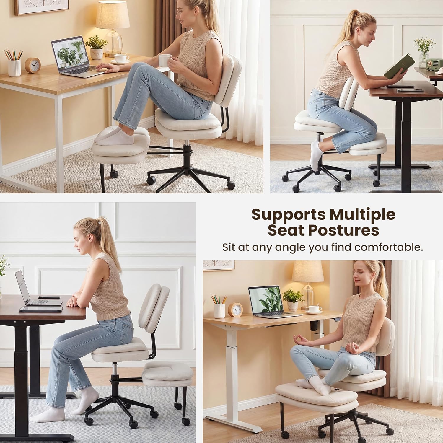 COSIEST Cross Legged Office Chair with Wheels, Ergonomic Kneeling Chair for Adults, Criss Cross Chair with Wide Seat, 360° Swivel Meditation Yoga Desk Chair, Adjustable Height, White