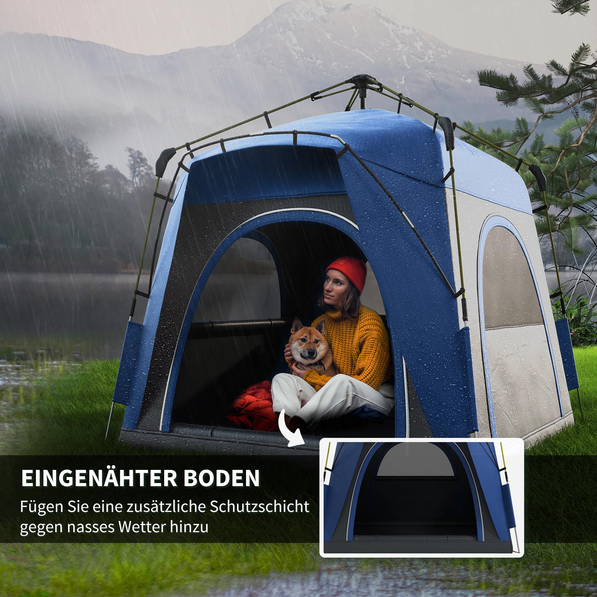 Outsunny Pop Up namiot kopułkowy dla 3 osób UV 50+ Niebieski | 4 drzwi, okna, haki, podłoga, lekki, stabilny, namiot rodzinny, 1000mm słup wody, do campingu, podróży, trekkingu, ogrodu