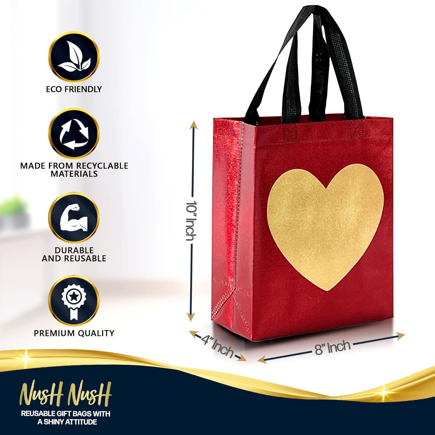 Nush Nush Gold Heart in Red Gift Bags Medium Size - Set of 12 Reusable Heart Gift Bag with Handles - Ideal Goodie Bag for Anniversary, Engagement, Wedding, Birthday, Valentines Day - 8x4x10 - Image 5