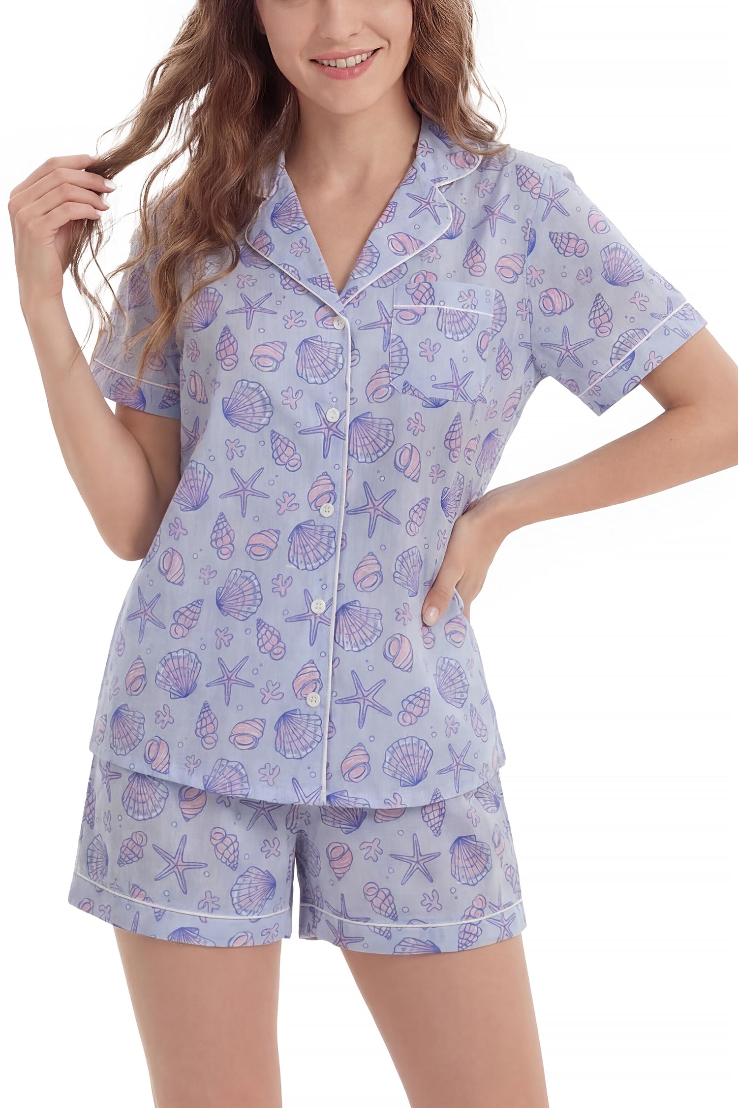 LUBOT 100% Cotton Pajamas for Women 2 Piece PJ Set Poplin Woven Lightweight Ladies Button Short Sleeve Sleepwear S-XXL