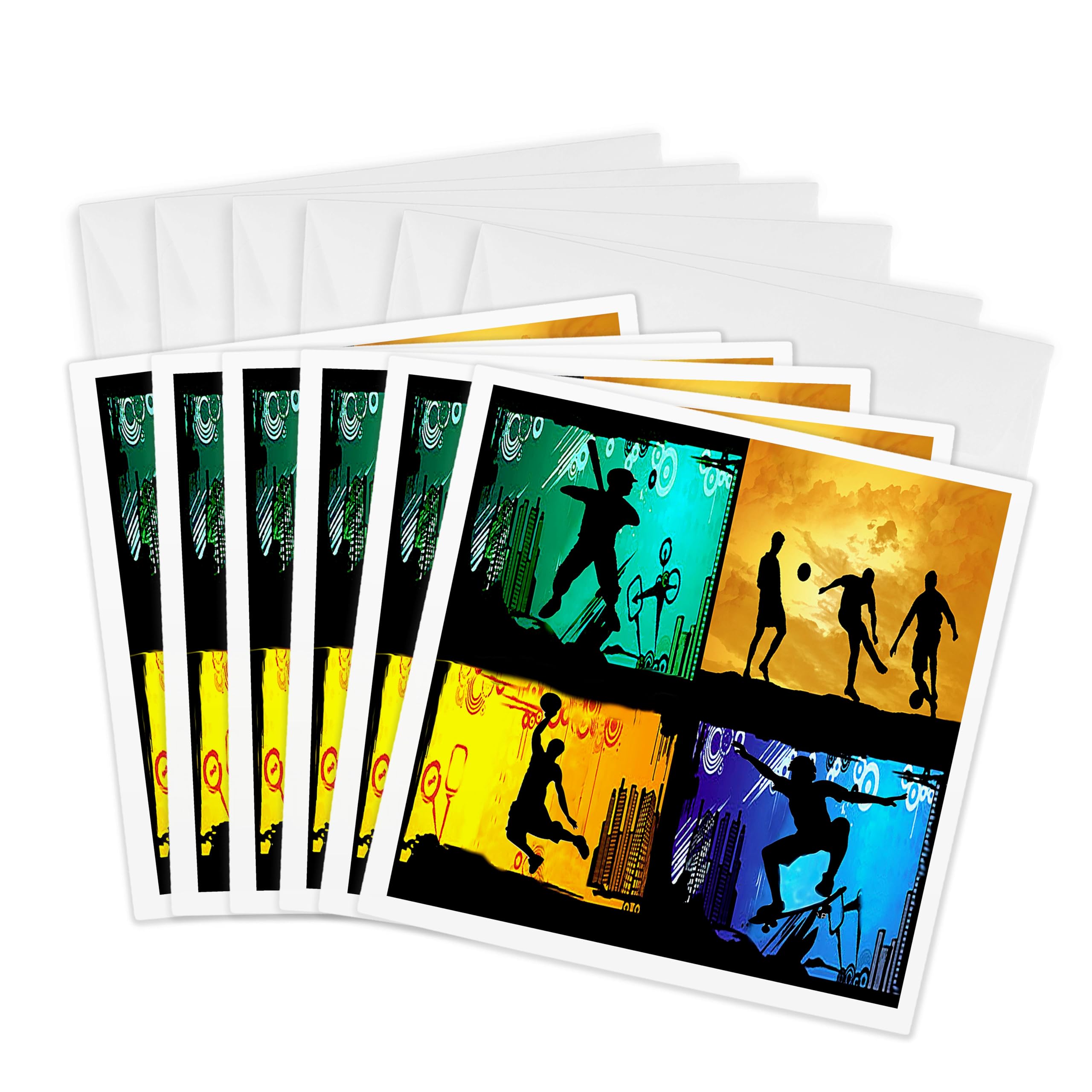 3dRose gc_6181_1 6 x 6-Inch "Skateboarding Baseball Basketball Soccer" Greeting Card (Pack of 6)