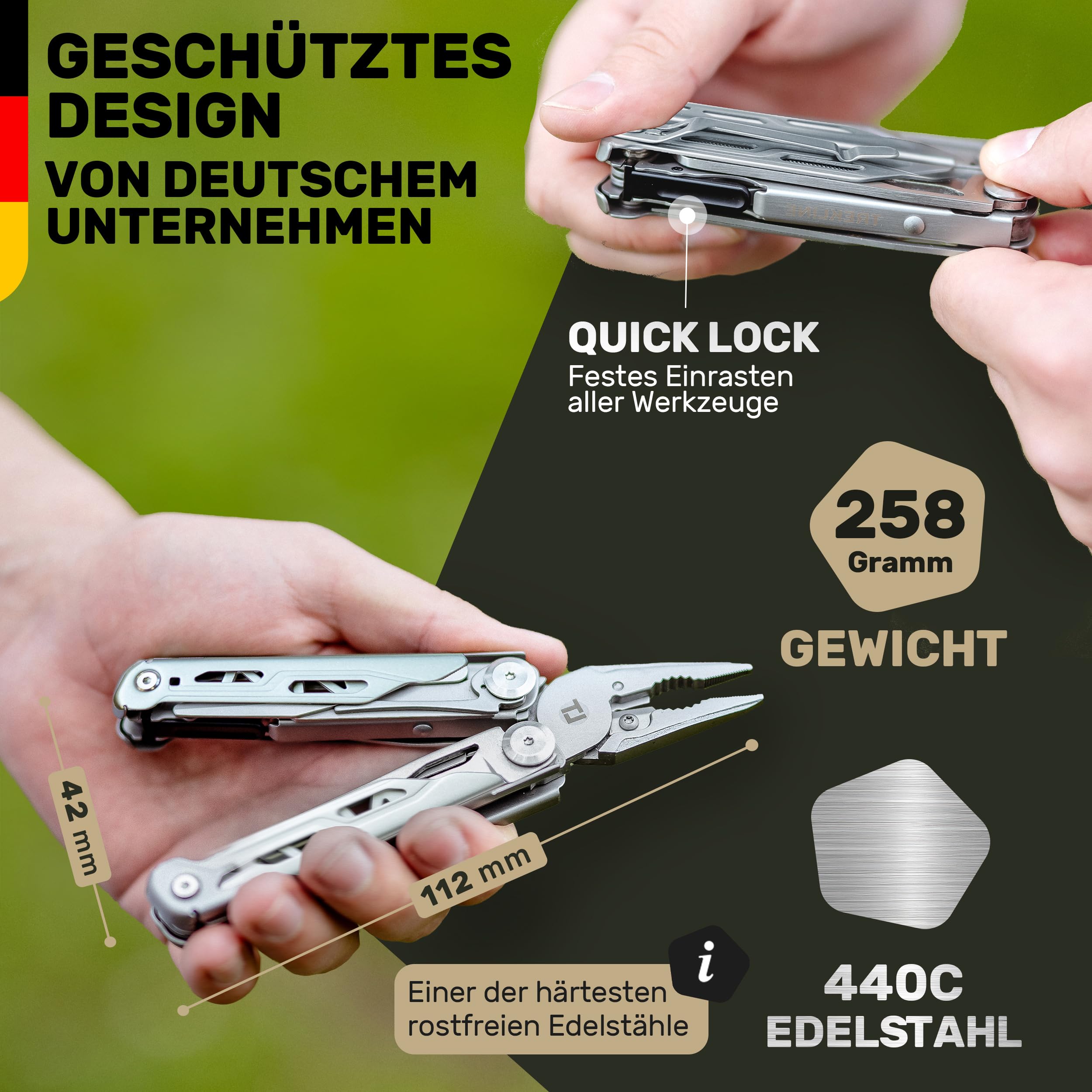Multitool [440C Edelstahl] Outdoor Camping Survival Multitool Werkzeug Messer, Überlebensmesser, Taschenmesser, Multifunktionswerkzeug, Multi Tool, Multifunktionsmesser (Caveman Plus)