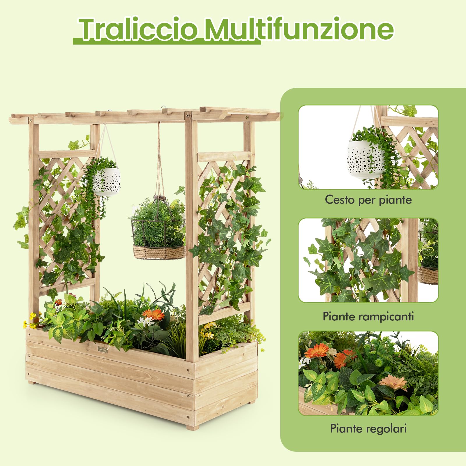 RELAX4LIFE Fioriera da Esterno con Traliccio Superiore e 2 Griglie Laterali, Orto Rialzato da Giardino in Legno di Abete con Drenaggio per Piante Rampicanti, Frutti e Fiori (Naturale, 110x44x114cm)
