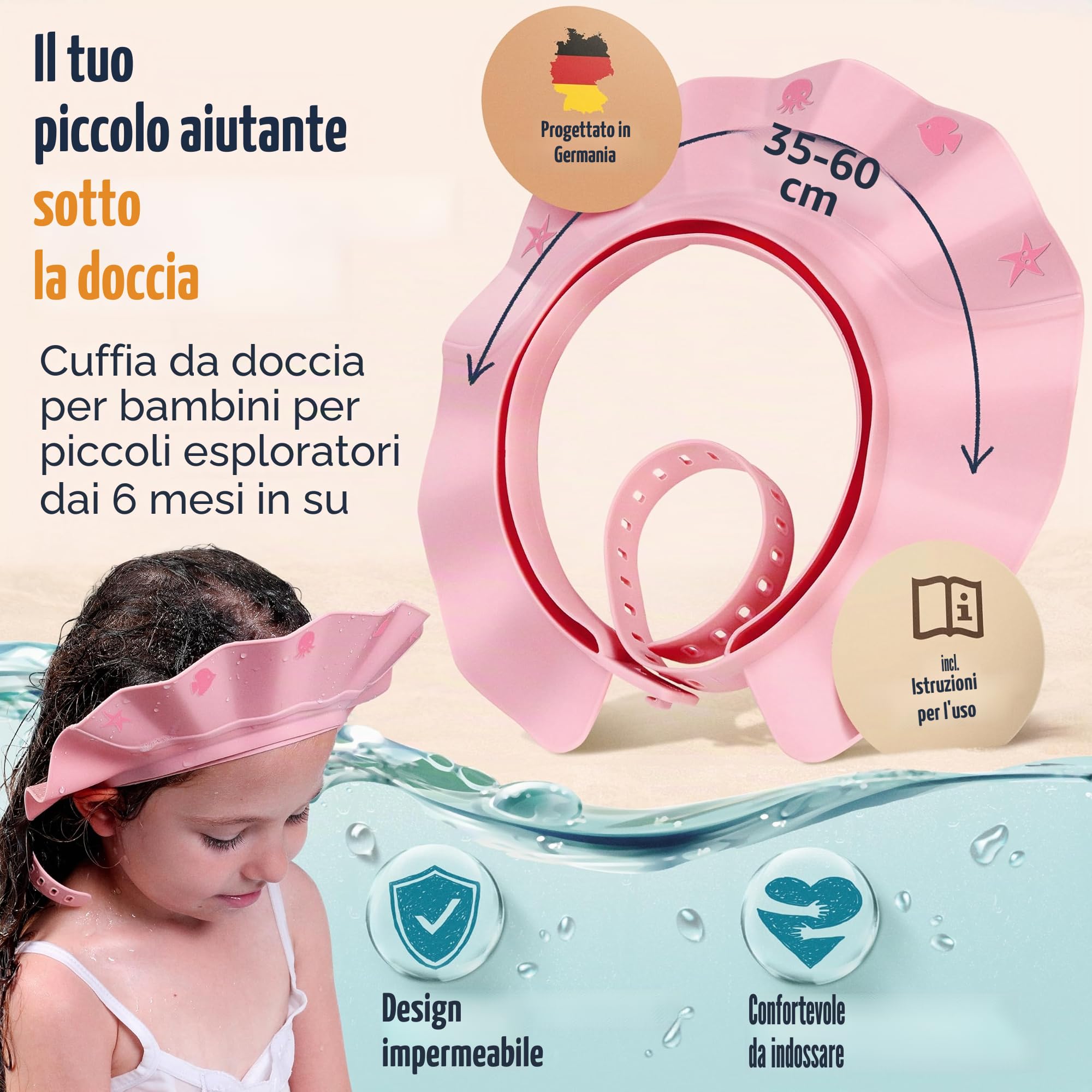 Cuffia da doccia per bambini, estremamente impermeabile e confortevole, aiuto per il lavaggio dei capelli per bambini, con tecnologia di chiusura extra leggera