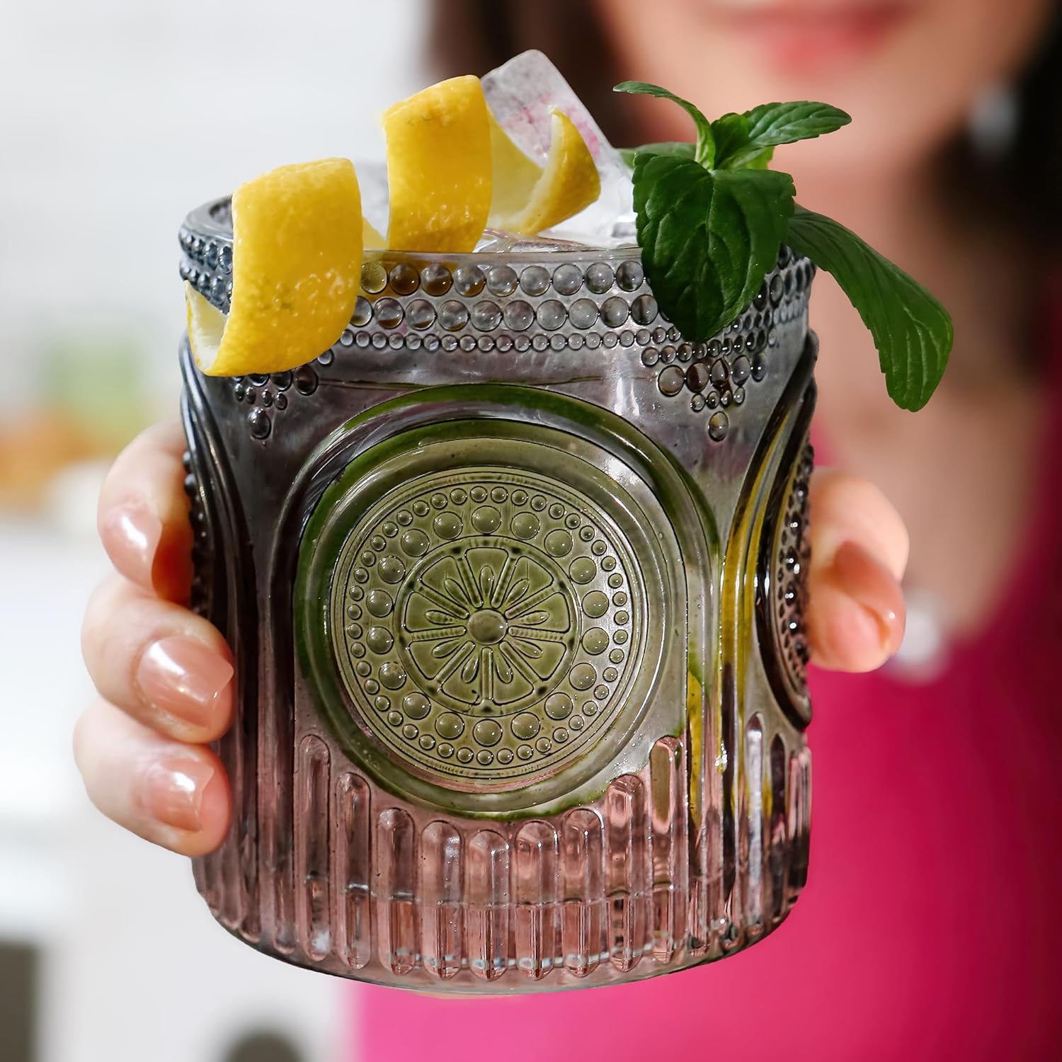 Ribbed Retro Arch Floral Smoke Grey Drinking Glasses Set of 6, (10 oz) Vintage Glassware Set by Kate Aspen| Cocktail Glass Set, Juice Glass, Water Cups | Hostess Gift & Present for New Home Owners - Image 4