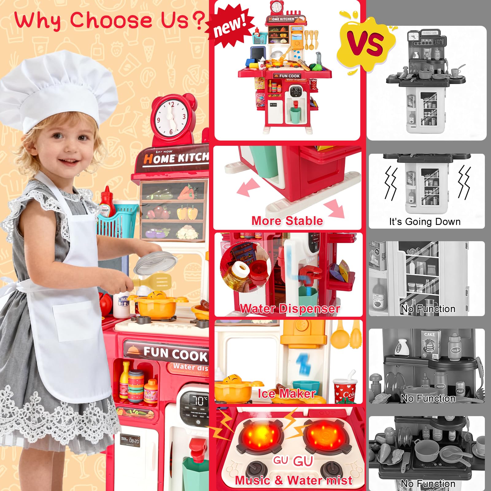Cocina Juguete Niños Set de Cocina en Miniatura con Fregadero de Spray y Iluminación Realista, Juego de Cocina Simulada para Niñas y Niños de 3 4 5 Años, Regalo (Rojo)