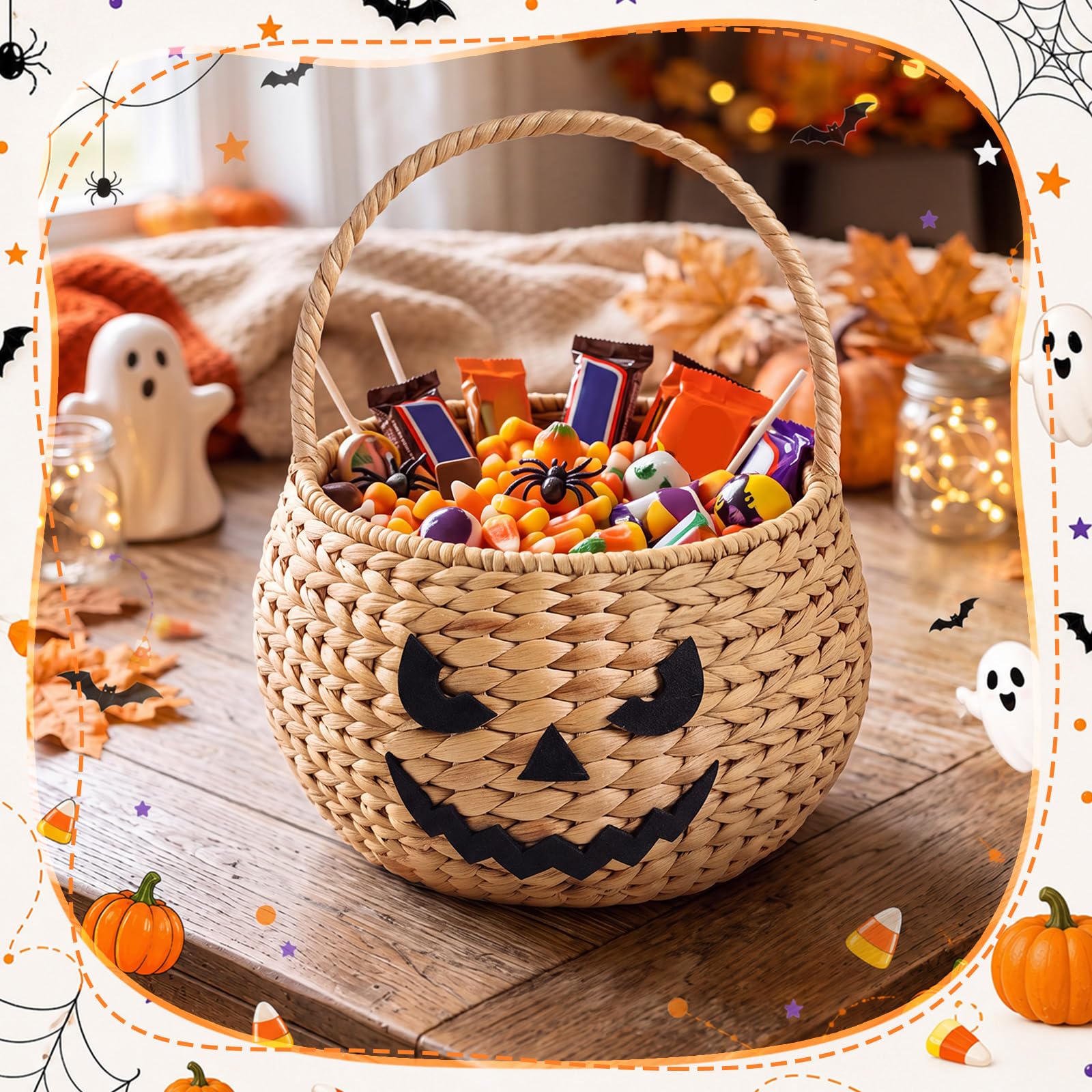 Kathfly Cesta de calabaza de jacinto de agua con asa, 9 x 7 x 5 pulgadas, cesta de almacenamiento de calabaza tejida a mano para dulce o truco, almacenamiento de dulces, fiesta de Halloween