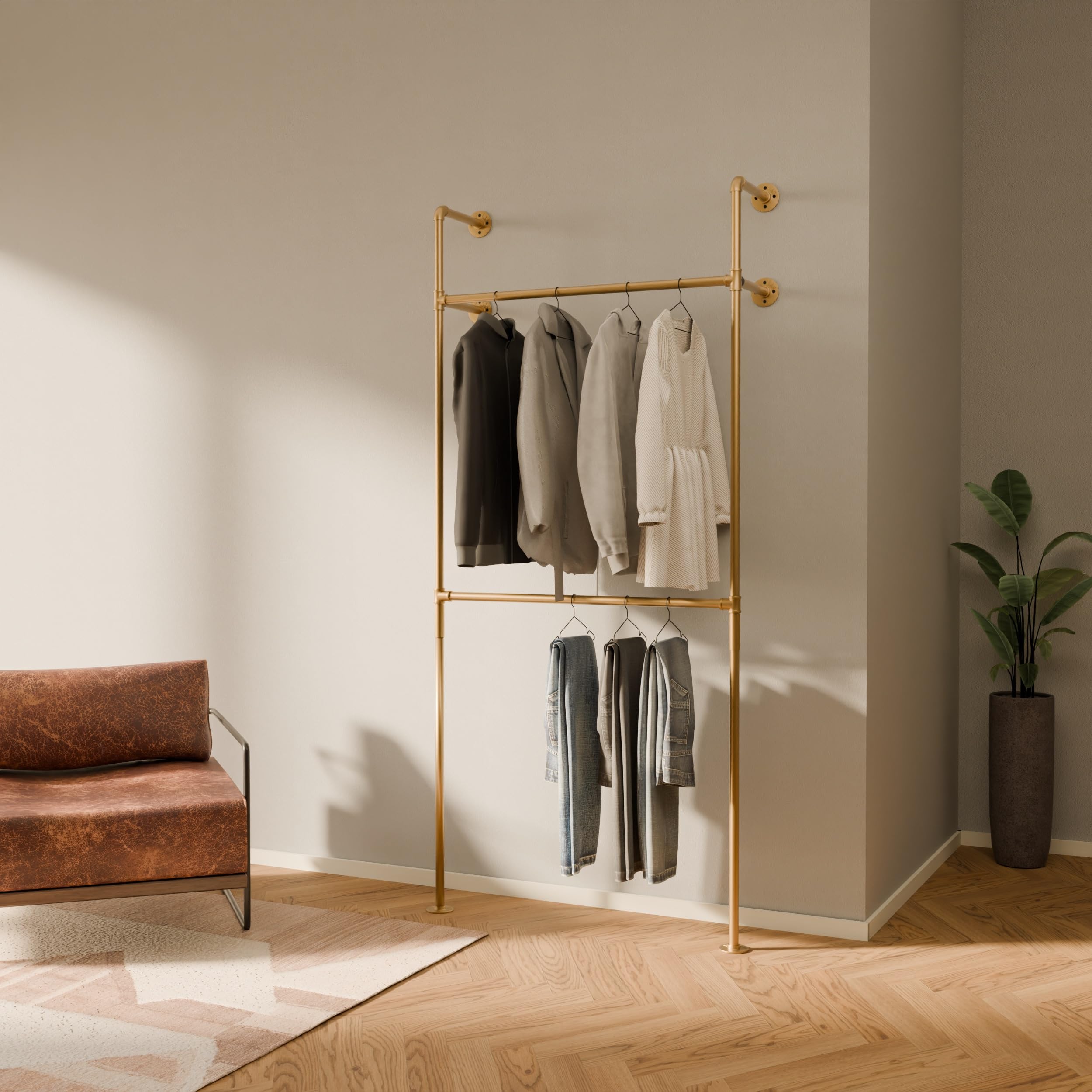 pamo Barra Appendiabiti da Parete in stile industriale – 105x222x32 cm – guardaroba aperto o porta abiti oro con tubi d’acqua per casa e per camera da letto