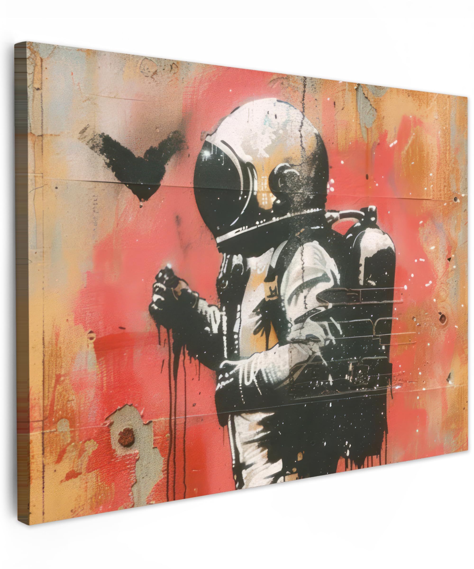 MuchoWow© Leinwand Bilder 70x50 cm Wanddeko Wohnzimmer Aesthetic Room Decor Deko Zimmer Wandbilder Modern Bild auf Leinwand Graffiti - Astronaut - Street art - Weltall - Banksy