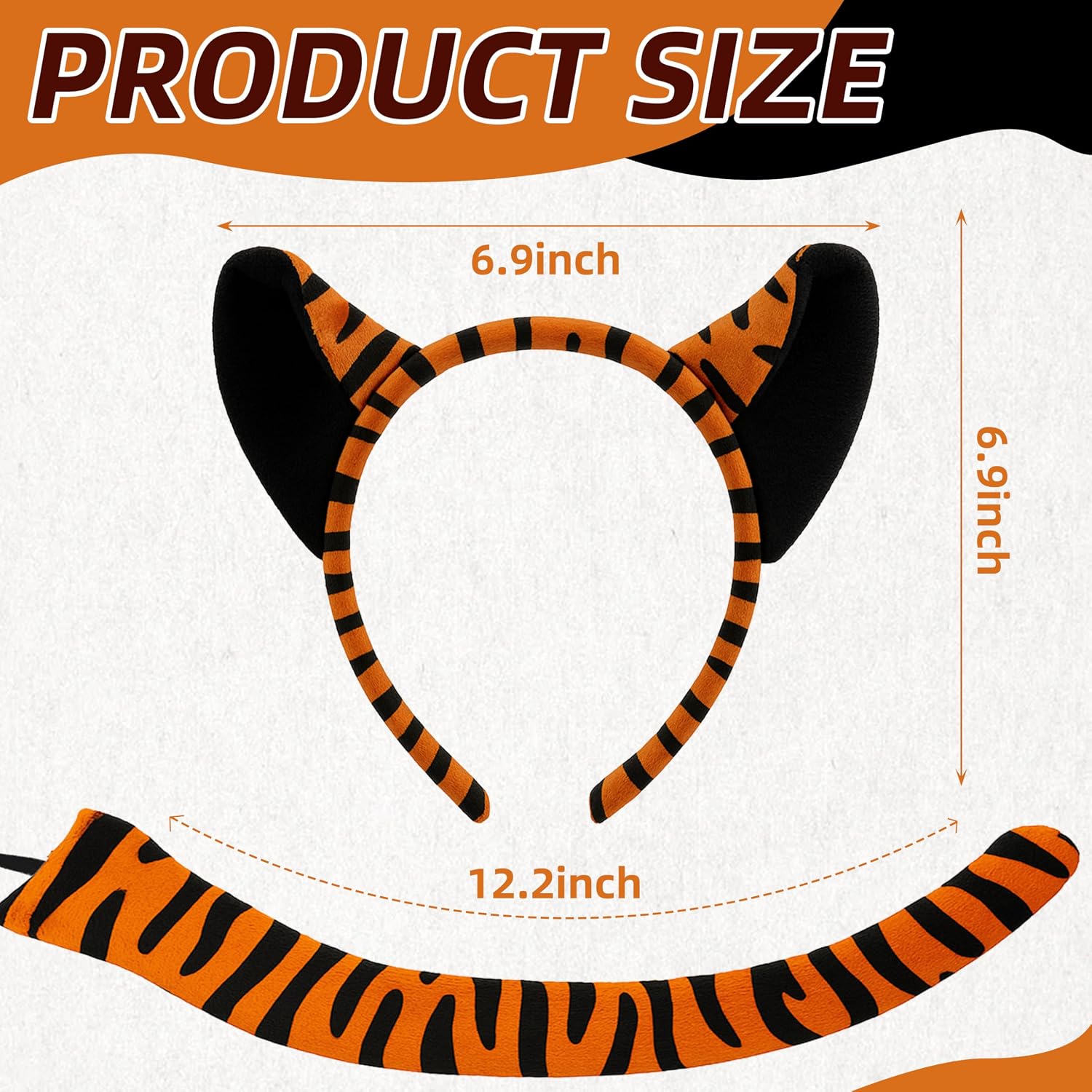 2 Pieces Tiger Ears and Tail Costume Accessories Set – Orange and Black Striped Headband and Long Tail for Halloween, Jungle Animal Dress-Up, School Plays, and Cosplay for Kids and Adults