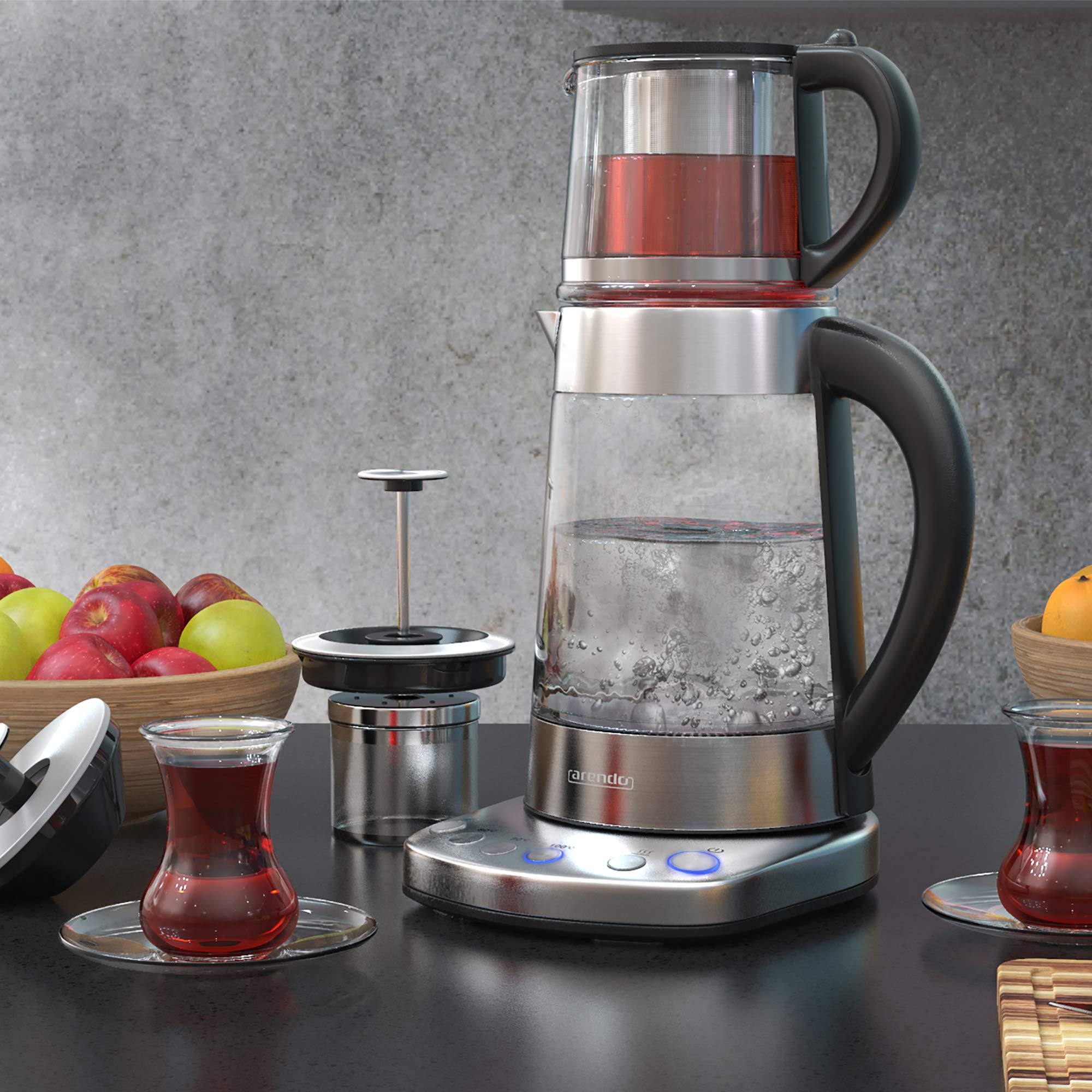 Arendo - Glas Wasserkocher mit Temperatureinstellung und Teesieb sowie Aufsatz - Türkischer Teekocher - Edelstahl - Temperaturen 70, 80, 100 Grad - 1,7 Liter - 2400 Watt - Abschaltautomatik
