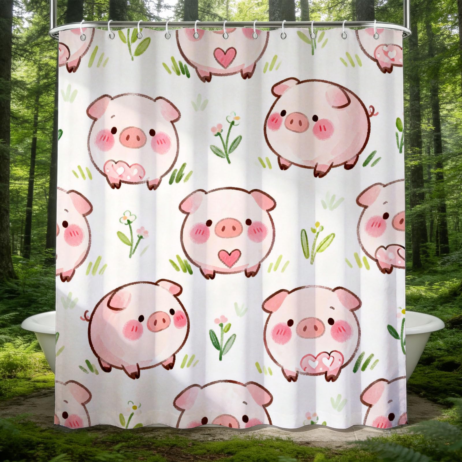 Hongduo 3D Cute Pig Shower Curtain for Stalls Bathtubs Pig Print Bathroom Decor Shower Curtain Set Polyester Fabric Waterproof 180x180cm/71X71 Inch with Hooks